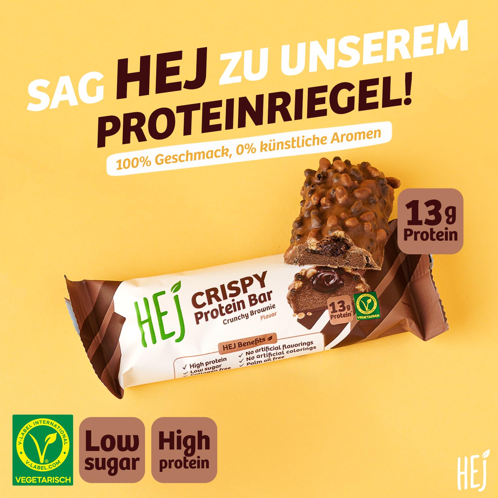 HEJ – Crispy Protein Bar Crunchy Brownie 12x45g – Proteinreicher Snack mit 13g Protein pro Riegel – Low Sugar Proteinriegel – Vegetarisch & ohne Palmöl – Ohne Zuckerzusatz & ohne künstliche Aromen