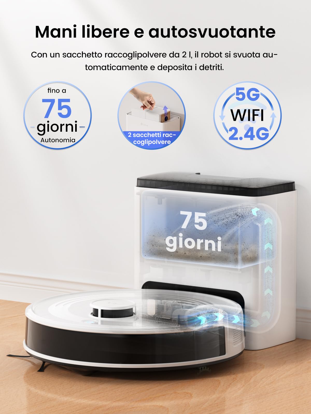 LEFANT M2 Plus Robot Aspirapolvere Lavapavimenti con Mappatura, Svuotamento Automatico, 6000Pa, LiDAR Navigazione Laser dTOF, Evitamento Ostacoli PSD, Alexa&App, Ideale per Tappeti Pavimenti Peli