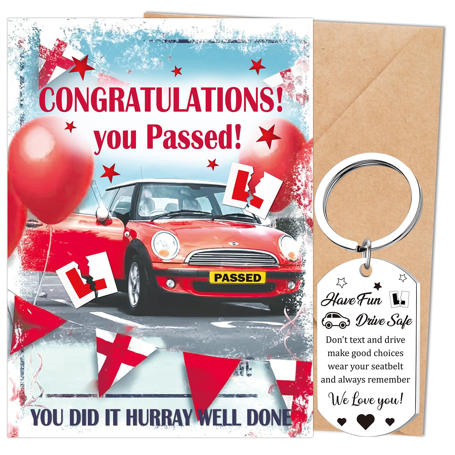 Eiapadeor Passed Driving Test Gifts - 2Pcs Congratulations On Passing Your Driving Test Gifts, Just Passed Driver Test Card Envelope Keyring, New Driver Present for Boyfriend Girlfriend Son Daughter