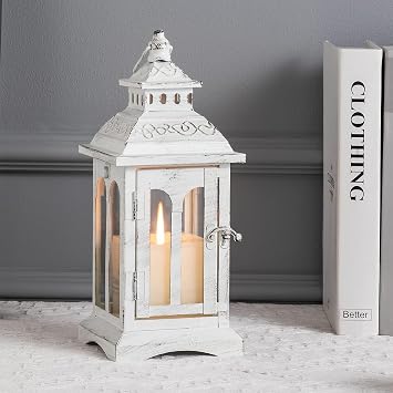 Lanterns Decorative Indoor & Outdoor, Medium Hanging Home Decor, Vintage Metal Decorative Candle Lanterns for Outdoor Patio Wedding Party White with Black Brush
