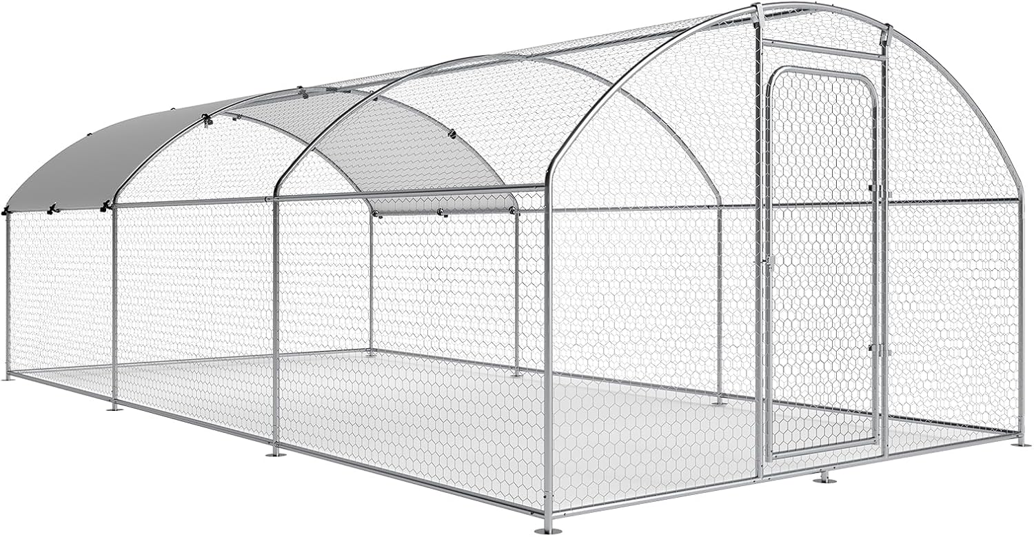 Outdoor Walk-in Large Metal Chicken Coop with Weatherproof Cover and Multi-Purpose Chicken Run for Chickens, Rabbits, Ducks, Farm and Yard Animal Pen, Dome Roof(10 W x 19.7 L x 6.4 H)