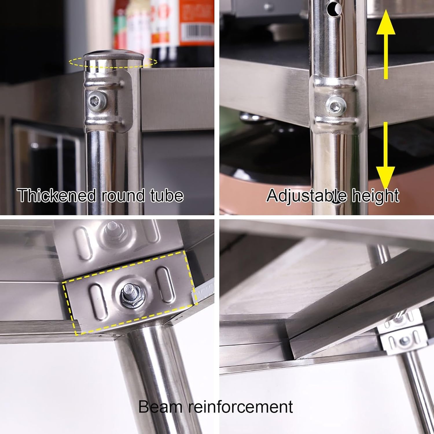 2 Tier Stainless Steel Work Table Commercial Heavy Duty Prep and Work Tables Tier Height Adjustable Planter Shelving Table Round Tube Design Workbench(80x30x80cm/31.5x11.8x31.5)