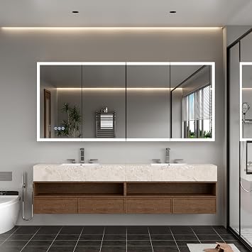 LED Lighted Medicine Cabinet with Mirror, 72 * 32Inches Bathroom Mirror Cabinet with Lights,Recessed or Wall Mounted, 3 Color TemperaturesAnti Fog