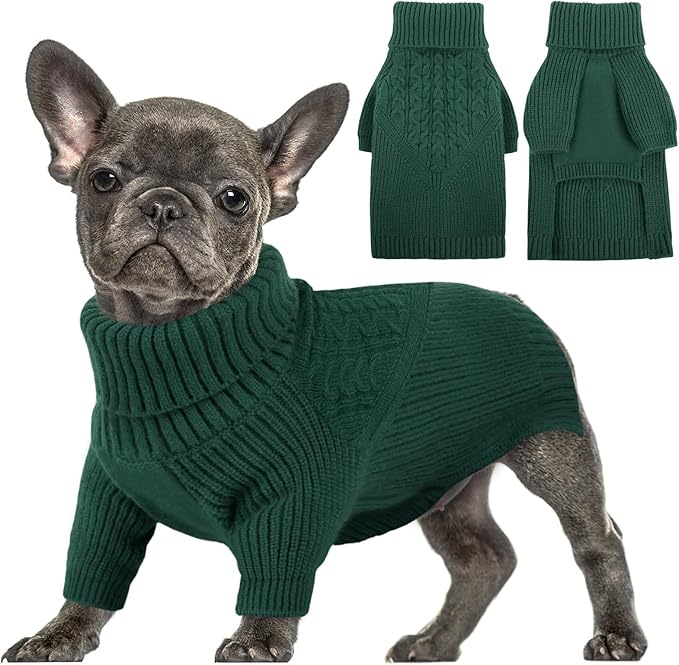 Queenmore Pull pour chien XS – Manteau tricoté chaud vert, chandail d'hiver/Noël pour petits chiens