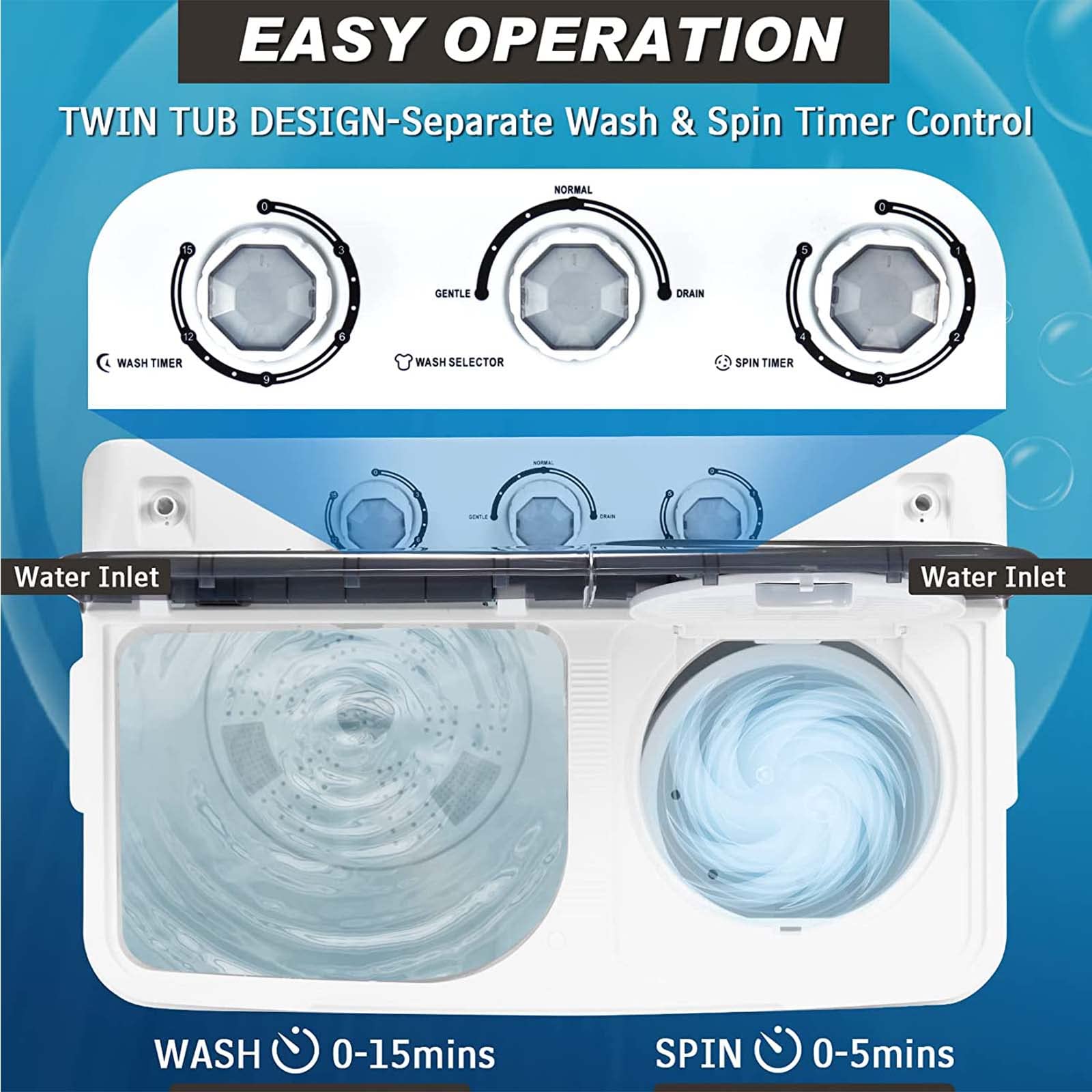 Combo de lavadora y secadora de doble bañera, capacidad de 28 libras con perillas de control, descarga de drenaje integrada y control de temporizador para el hogar, RV, dormitorio, apartamento