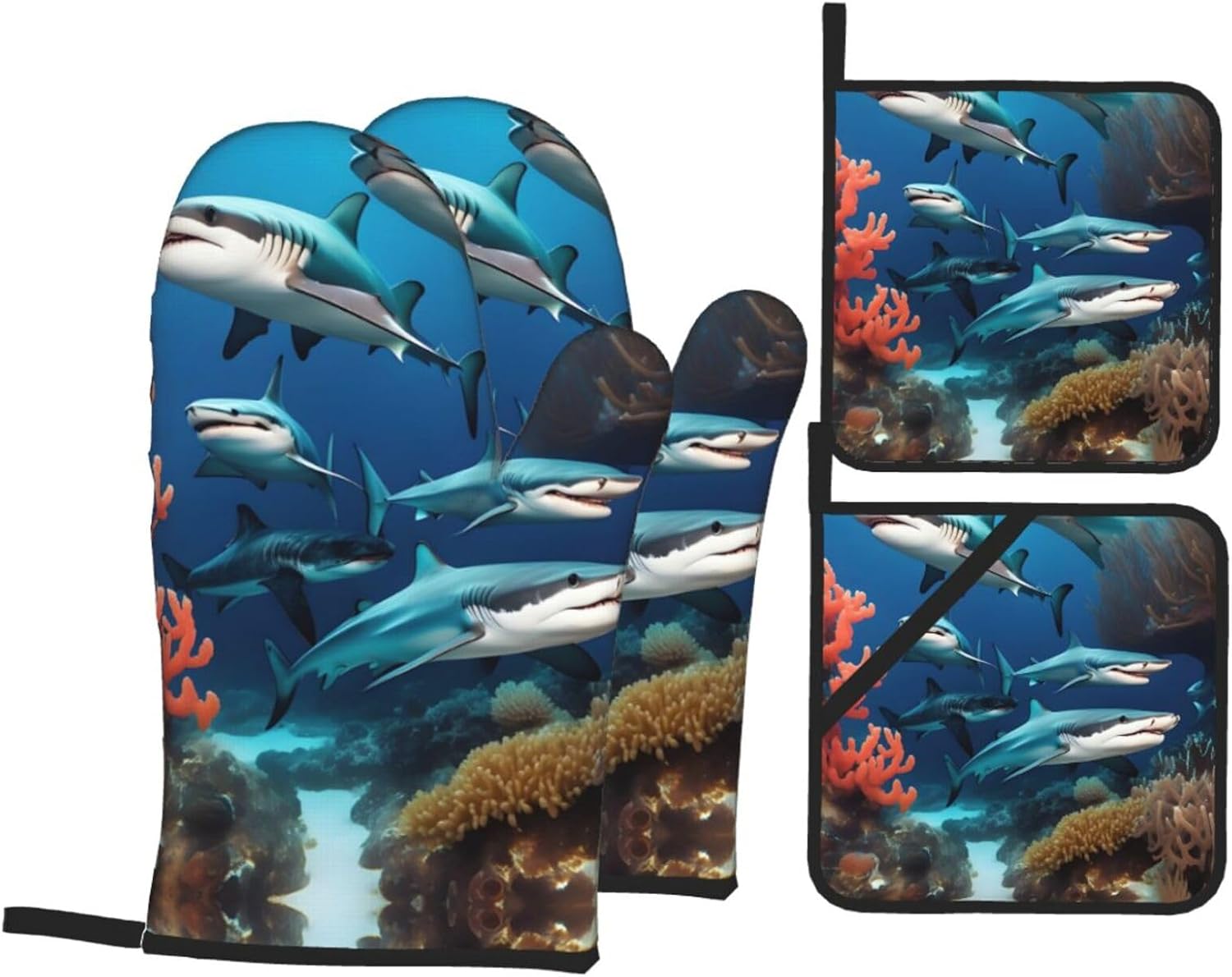 Submarine shark coral Oven gloves and heat-resistant mat 4-piece set. Suitable for grilling, microwave oven frying, and baking