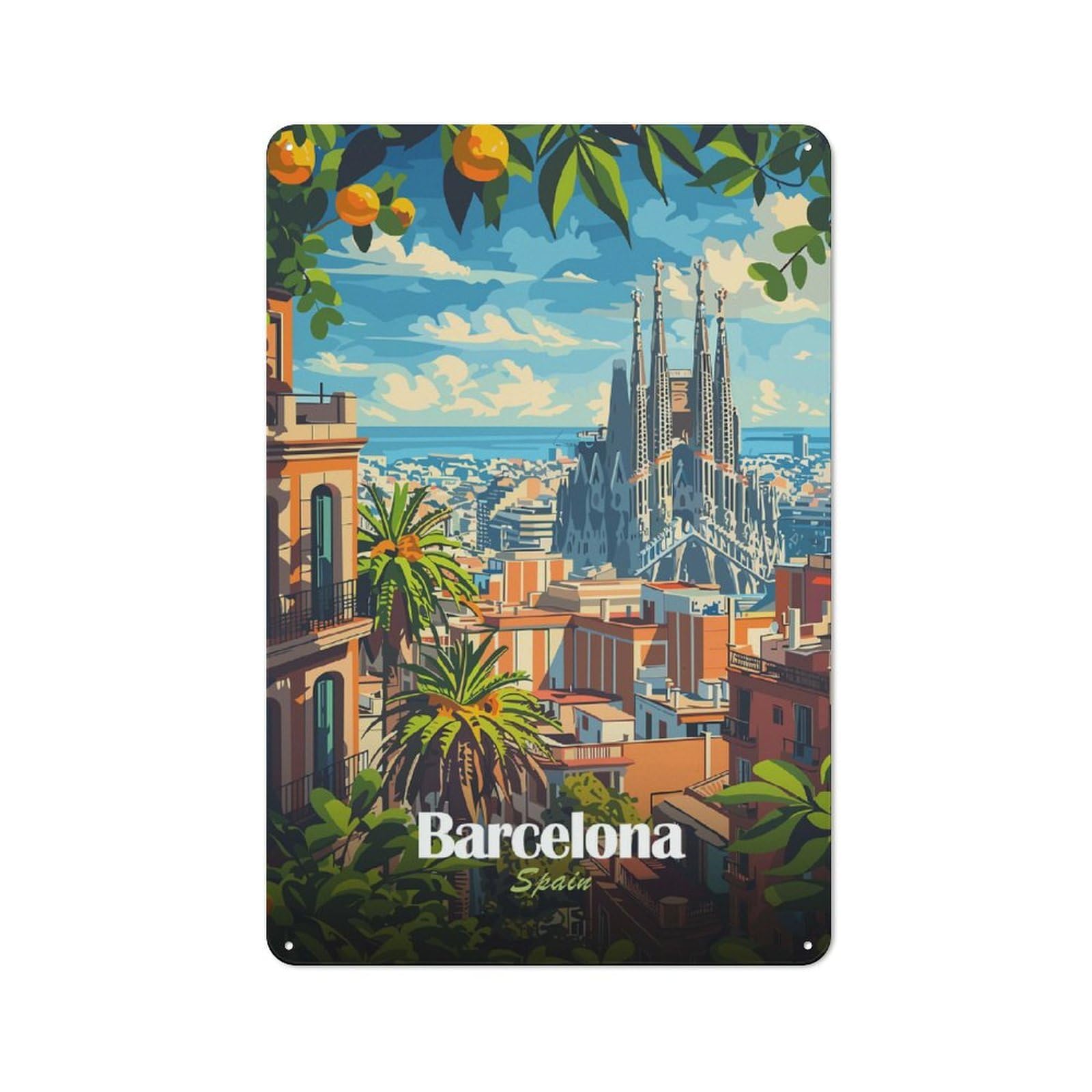 Barcelona Spain Cityscape Decorative Tin Sign 30x20cm, Distressed Look Vintage Wall Decor for Lounge, Study, Pub Or Wall Gallery