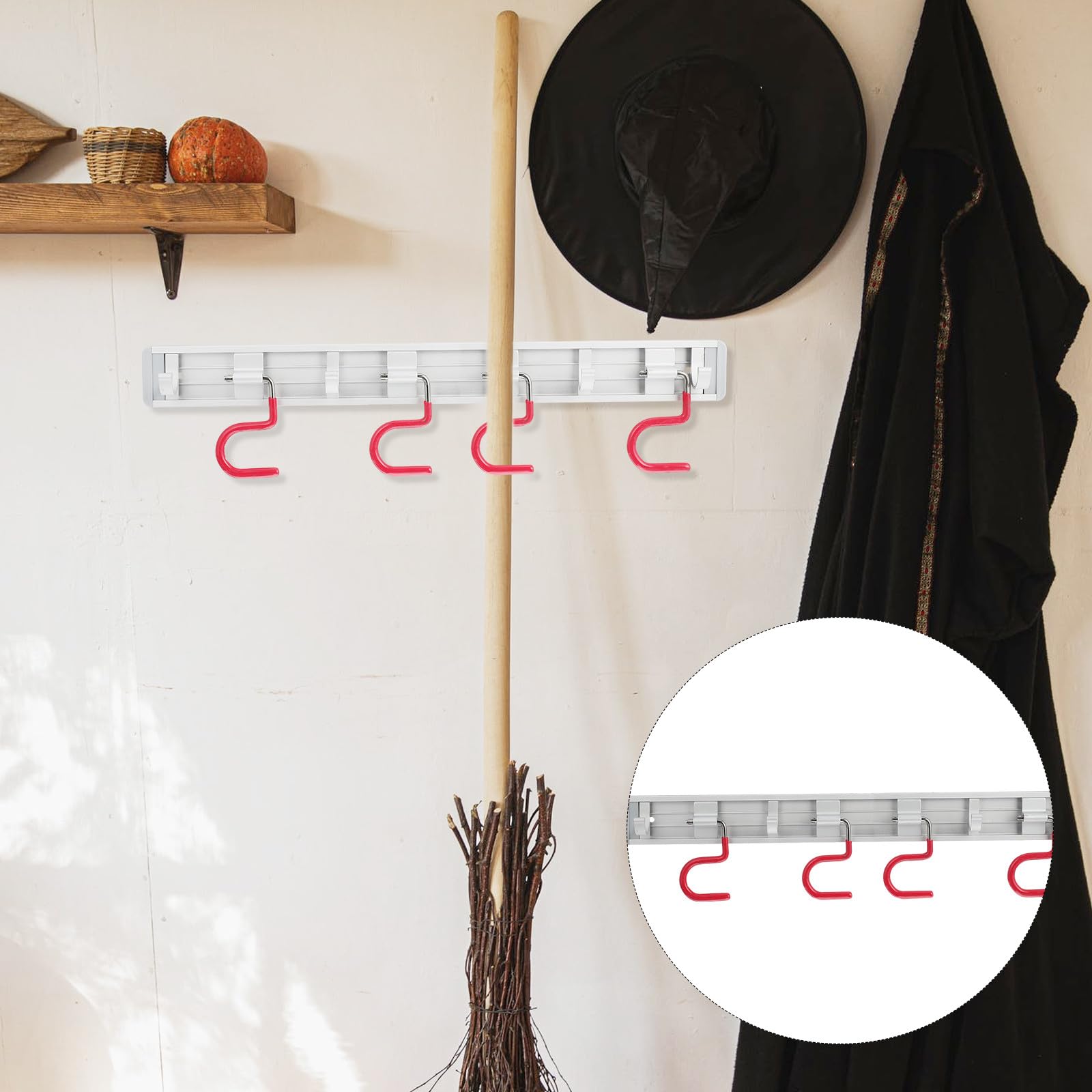 Portascope per Organizzare Scope e Oggetti Palo in Lega di Alluminio Argento da Parete 4 Appendini Facile da Pulire per Bagno e Cucina