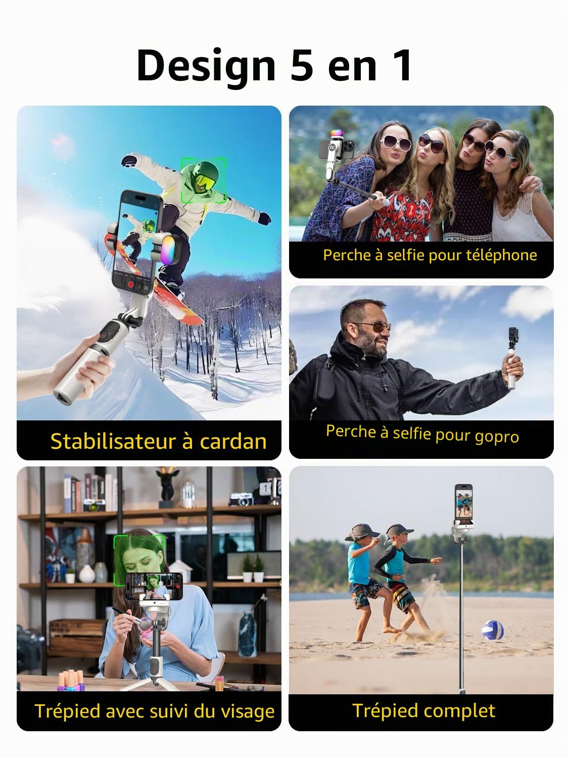 AOCHUAN Stabilisateur à Cardan pour Smartphone, Perche Selfie avec Trépied et Suivi Automatique du Visage pour TikTok YouTube Vlog, Gimbal 4 en 1 Rotation 360° Compatible iPhone/Android - M1 Pro Blanc