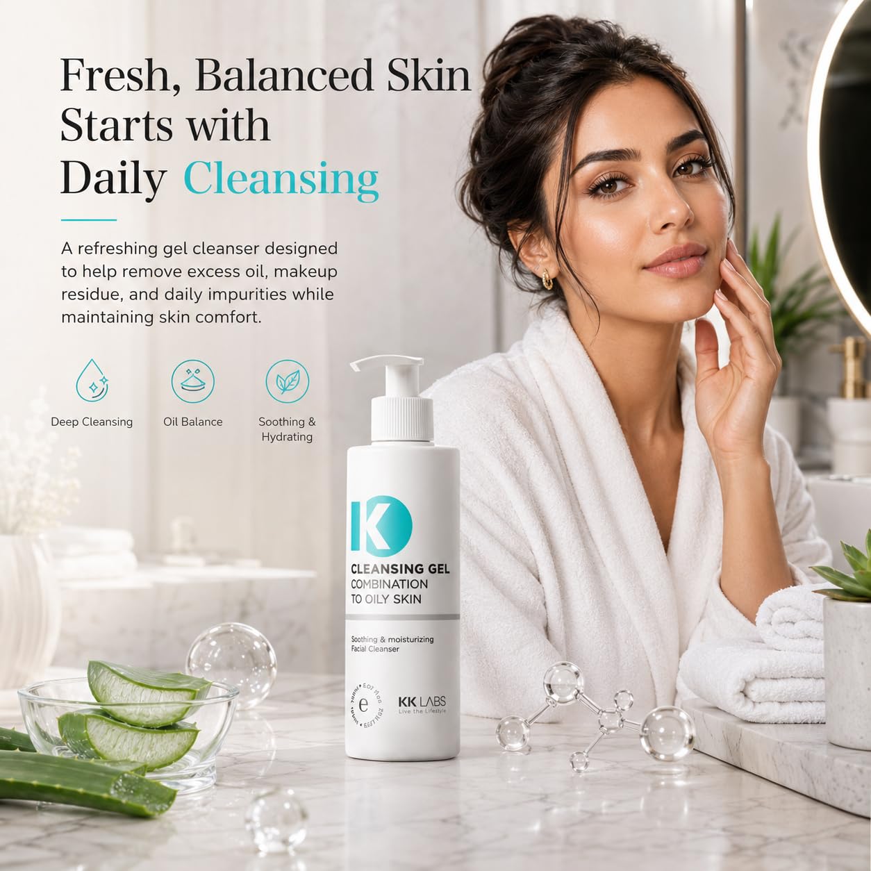KK Labs Cleansing Gel for Combination to Oily Skin 150ml - Daily Face Wash That Removes Excess Oil, Dirt and Makeup for a Fresh, Clean, Shine-Controlled Complexion, Men and Women