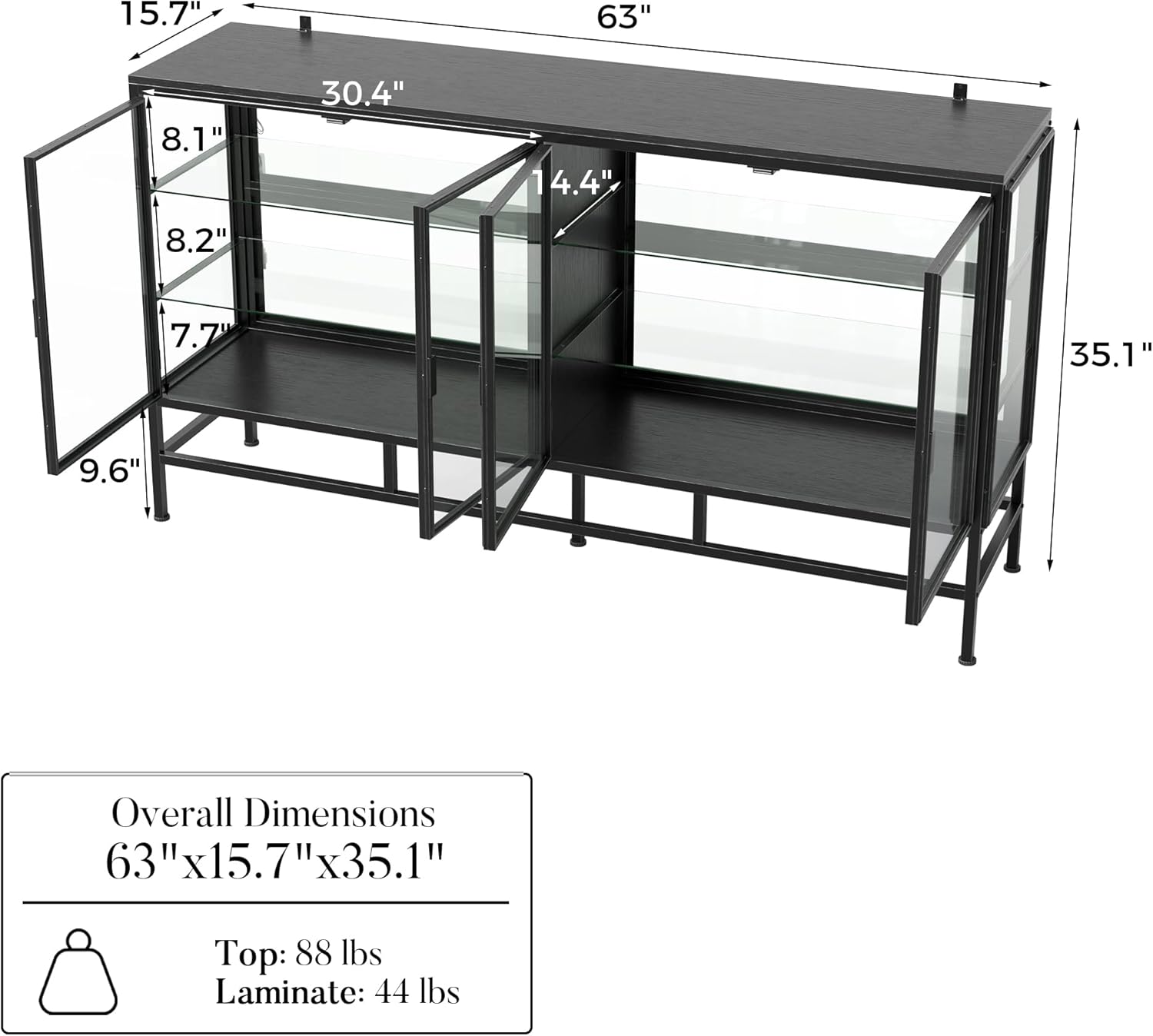 Homsee Display Cabinet with Glass Doors, 64 inch Metal Buffet Cabinet with LED Lights, Modern Black Sideboard Display Case with Shelves for Living Room Storage, Clear Glass Doors
