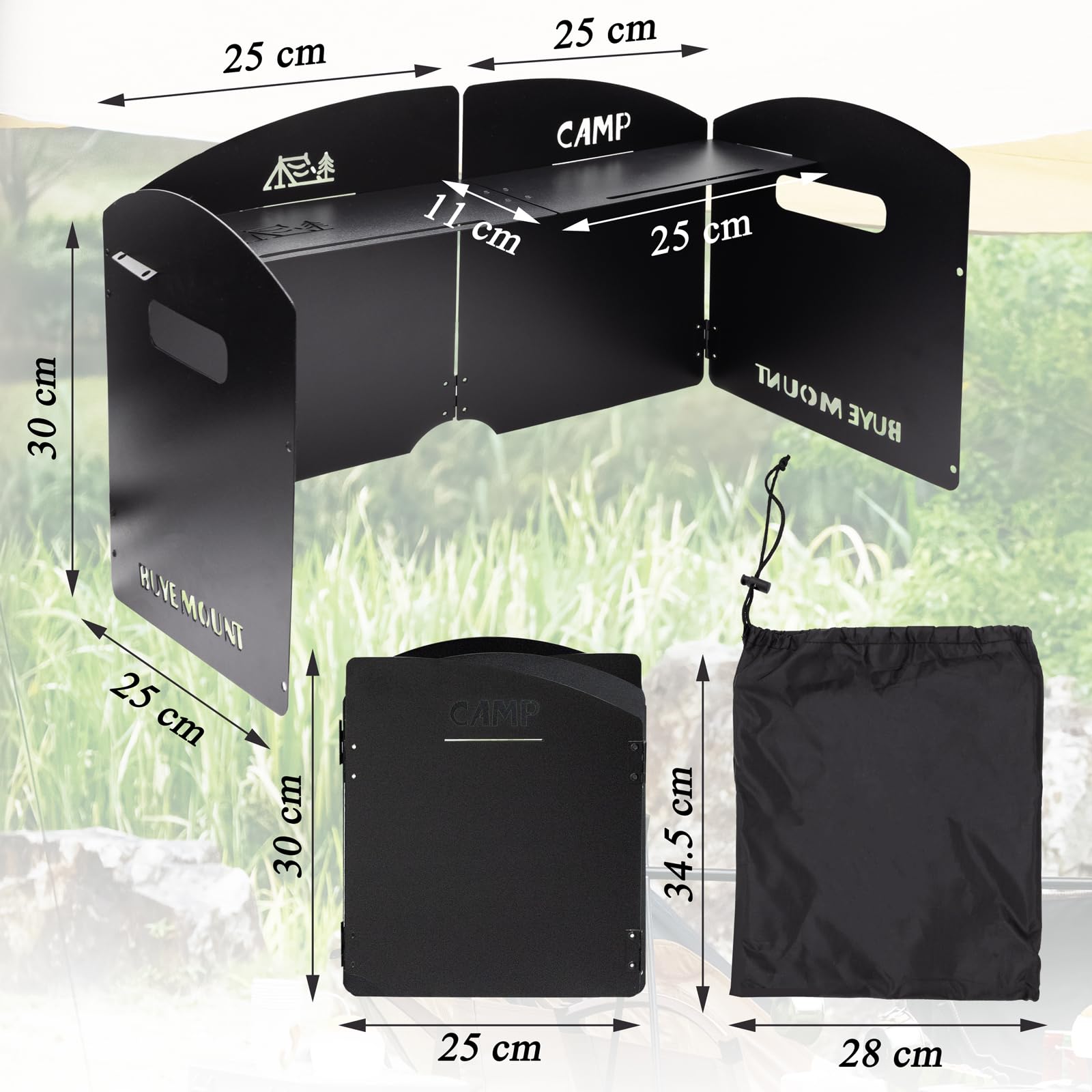 Parabrisas Plegable para Camping, Parabrisas Plegable de Acero, Camping Cocina Estufa de Gas Escudo, con Compartimento, para Camping Estufa Gas/Estufa Alcohol/Picnics Aire Libre/BBQ/Camping (Negro)