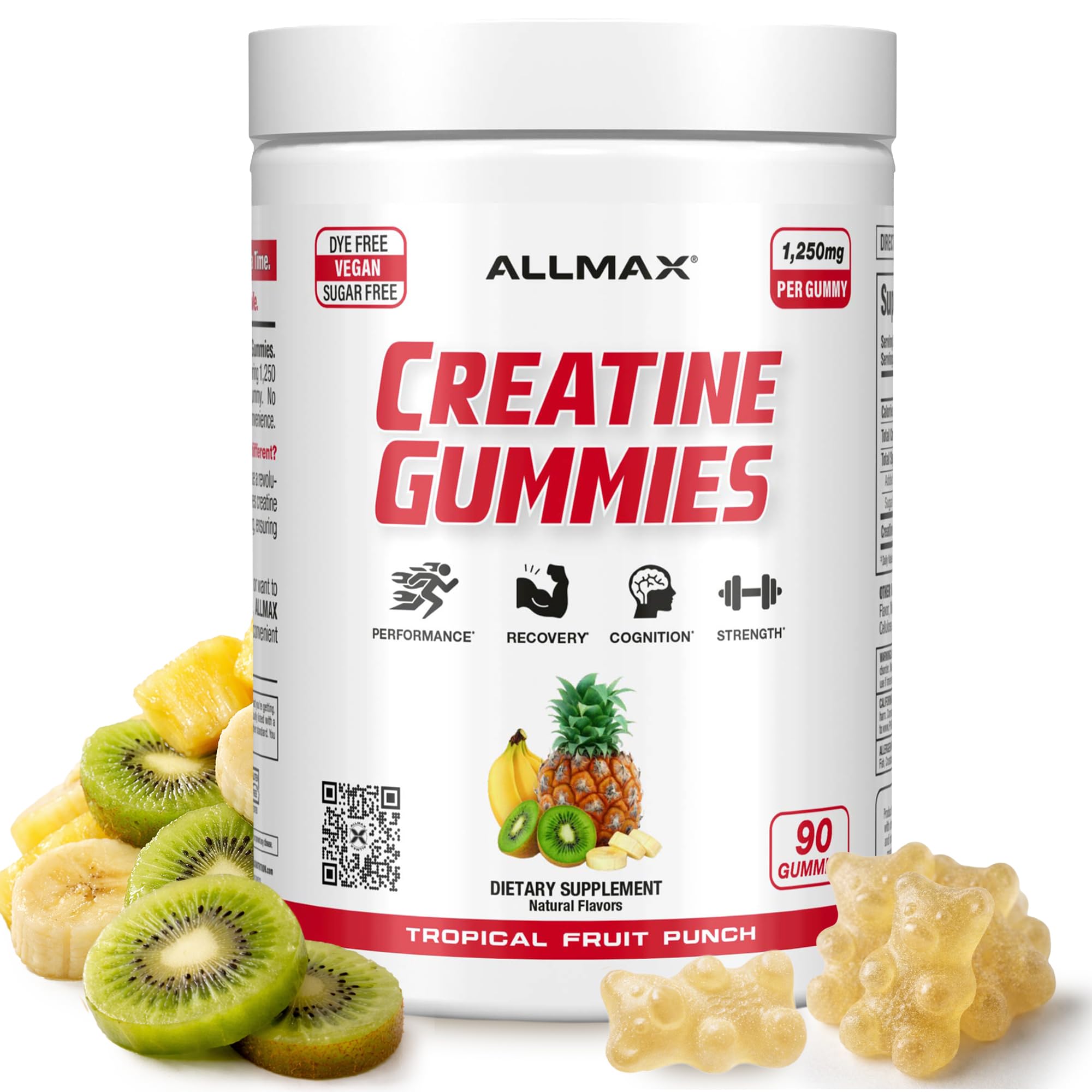 ALLMAX Creatine Gummies, Tropical Fruit Punch, 90 Count, 1250 mg Tropical Fruit Punch 90 Count (Pack of 1)