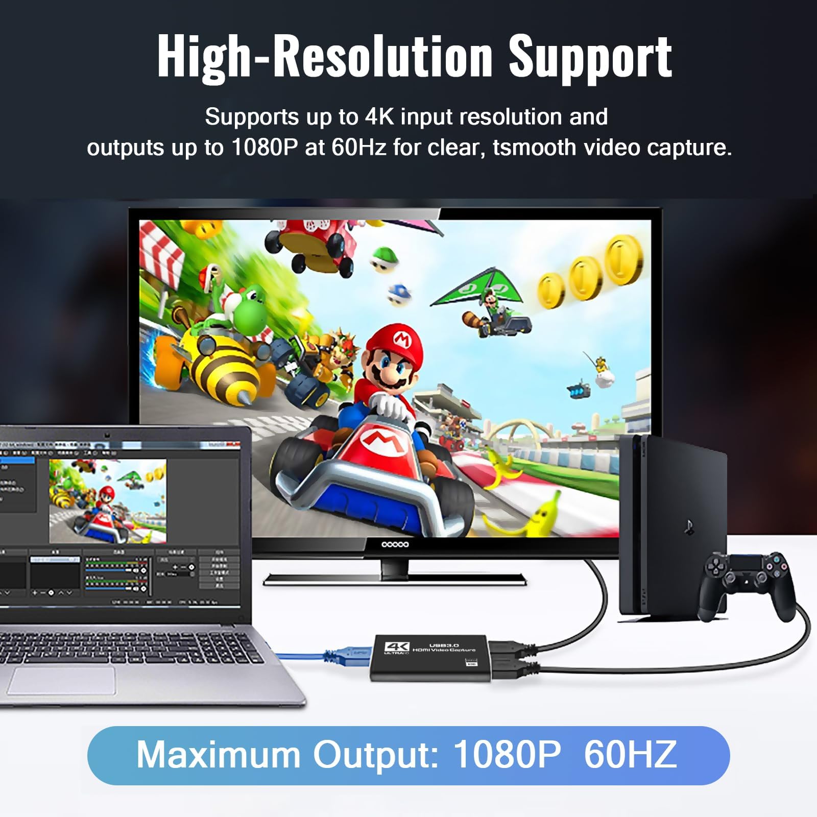 HDMI Video Capture Card 1080P 60FPS, USB 3.0 Game Capture Device, Compact & Portable for Streaming, Gaming, and Meetings, Compatible with Switch/PS4/PS5/PC/Laptop/OBS, Black