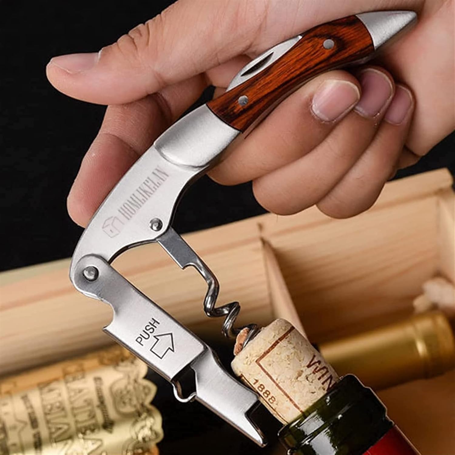 Can Opener, Can Opener Solid Wood Handle Wine Corkscrew with Beer Bottle Opener (Color : Brown1) (Brown One Size) (Brown One Size)