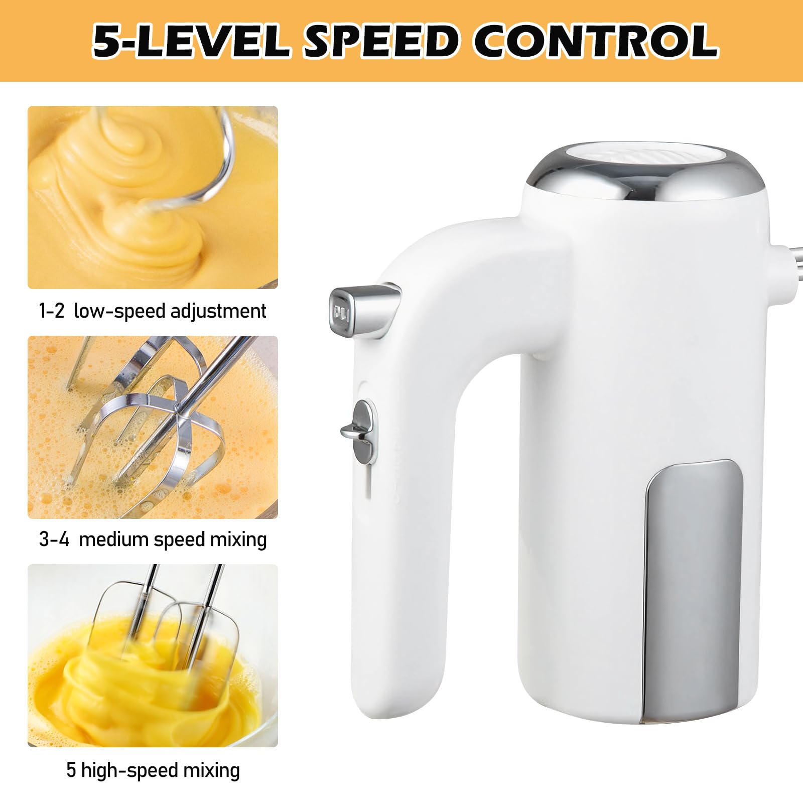 Handmixer 400W, Handrührgerät mit 5 Stufen & Turbo-Funktion, Edelstahl Rührgerät Hand Mixer mit 2 Rührbesen, 2 Knethaken, One-Click Reinigung, für Küche, Backen, Mixen & Kochen