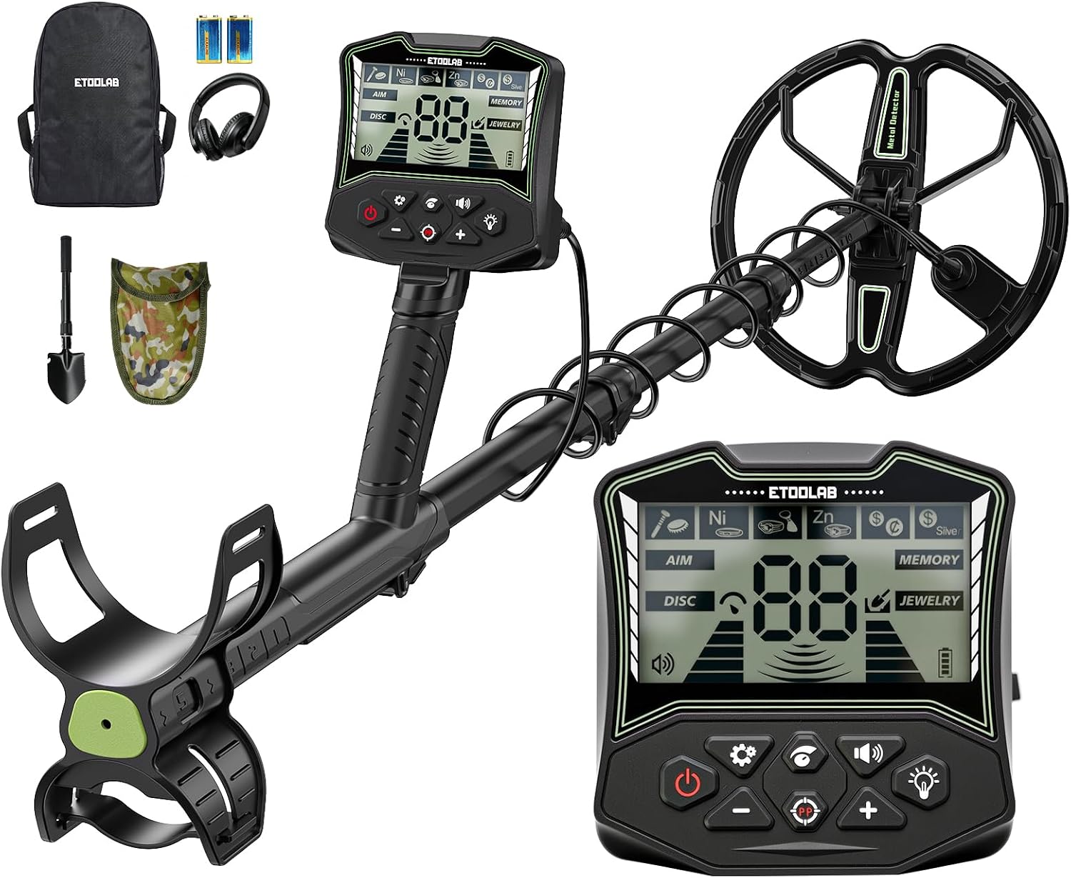 ETOOLAB black and green metal detector for adults with backpack and shovel