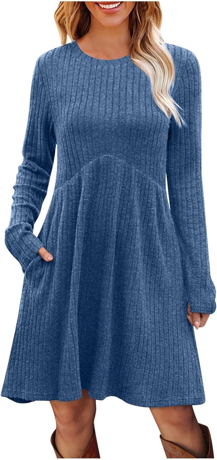 JOAU Long Sleeve Shirt Dress for Women Crew Neck Empire Waist Ribbed Knit Tunic Dresses Casual Knee Length Sweater Dress