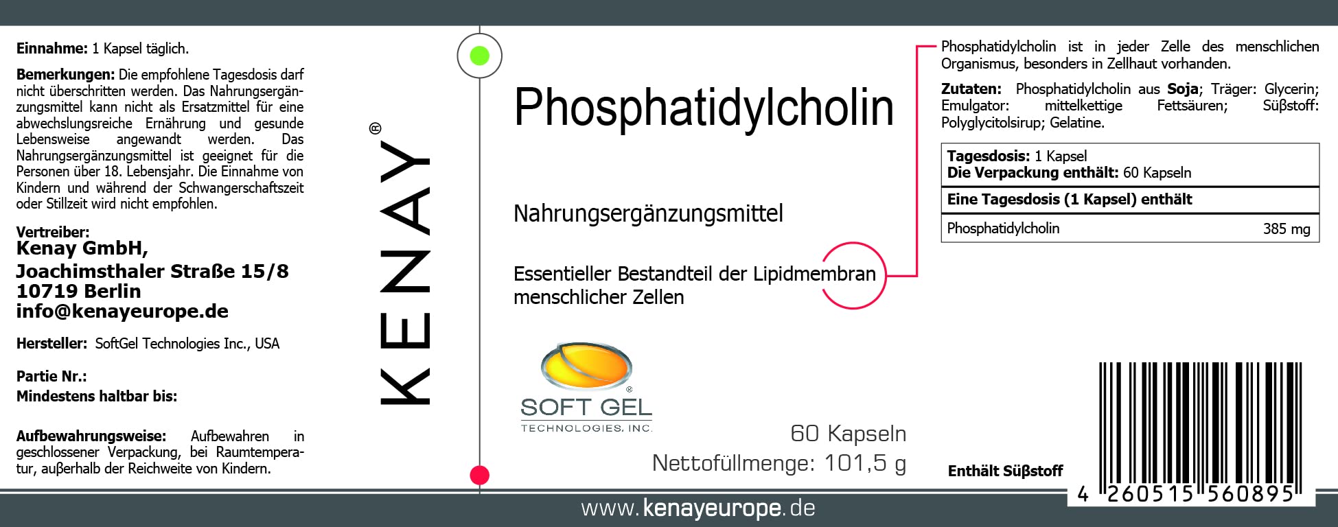 KENAY EUROPE | Phosphatidylcholin | 385mg 60 Kapseln | Nahrungsergänzungsmittel | KENAY®