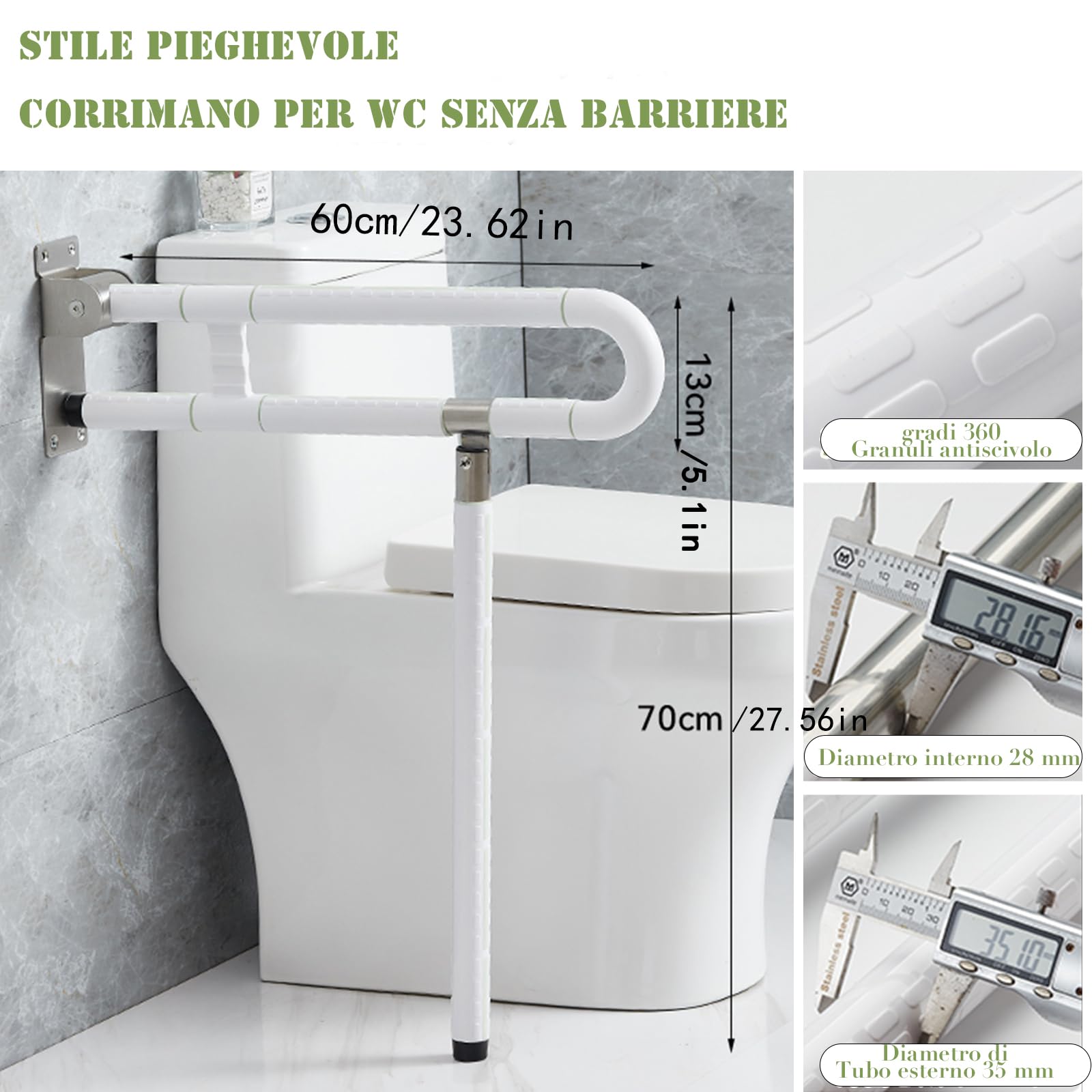 Maniglione Ribaltabile Bagno per WC, Maniglioni per Anziani In Acciaio Inossidabile, Maniglia di supporto da parete per WC, 60 cm, per anziani, disabili, per WC con gambe e WC(bianco,Con stile gamba)
