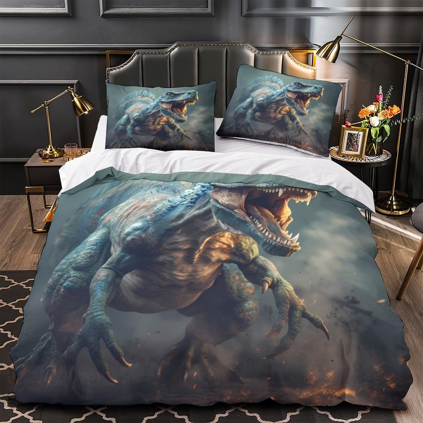 Parure de lit 3D dinosaure anti-acarien et ultra douce pour peau sensible double