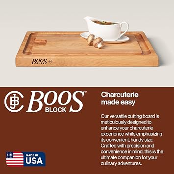 John Boos Aujus Series Rectangular Wooden Maple Cutting Board 20x15 1.5 Thick, 12-lb Reversible Butcher Block with Sloped Juice Groove, Edge-Grain & Finger Grips Made in the USA