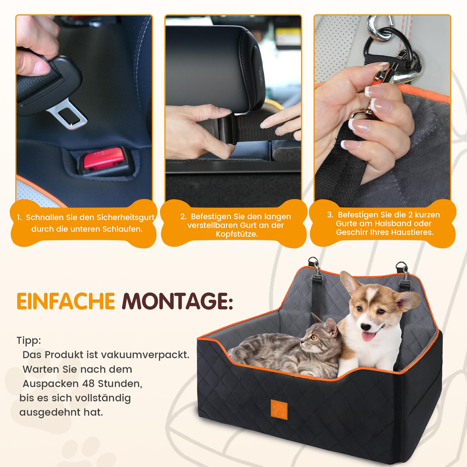 Hunde-Autositz für Hunde unter 25 kg oder 2 kleine Hunde, Sicherheits-Memory-Schaum-Autositz mit 2 Kissen und Sicherheitsleinen, großes Reisebett für den Rücksitz