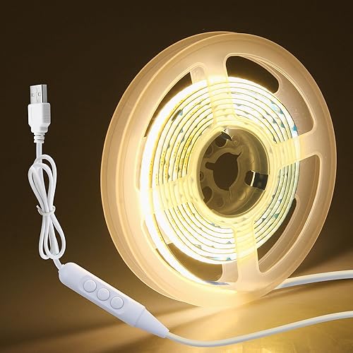Aclorol Tira de luz LED COB USB de 5 V, 4.92 pies, 480 LED, luz de fondo flexible para TV, blanco cálido, tira de luz LED regulable de 3000 K con