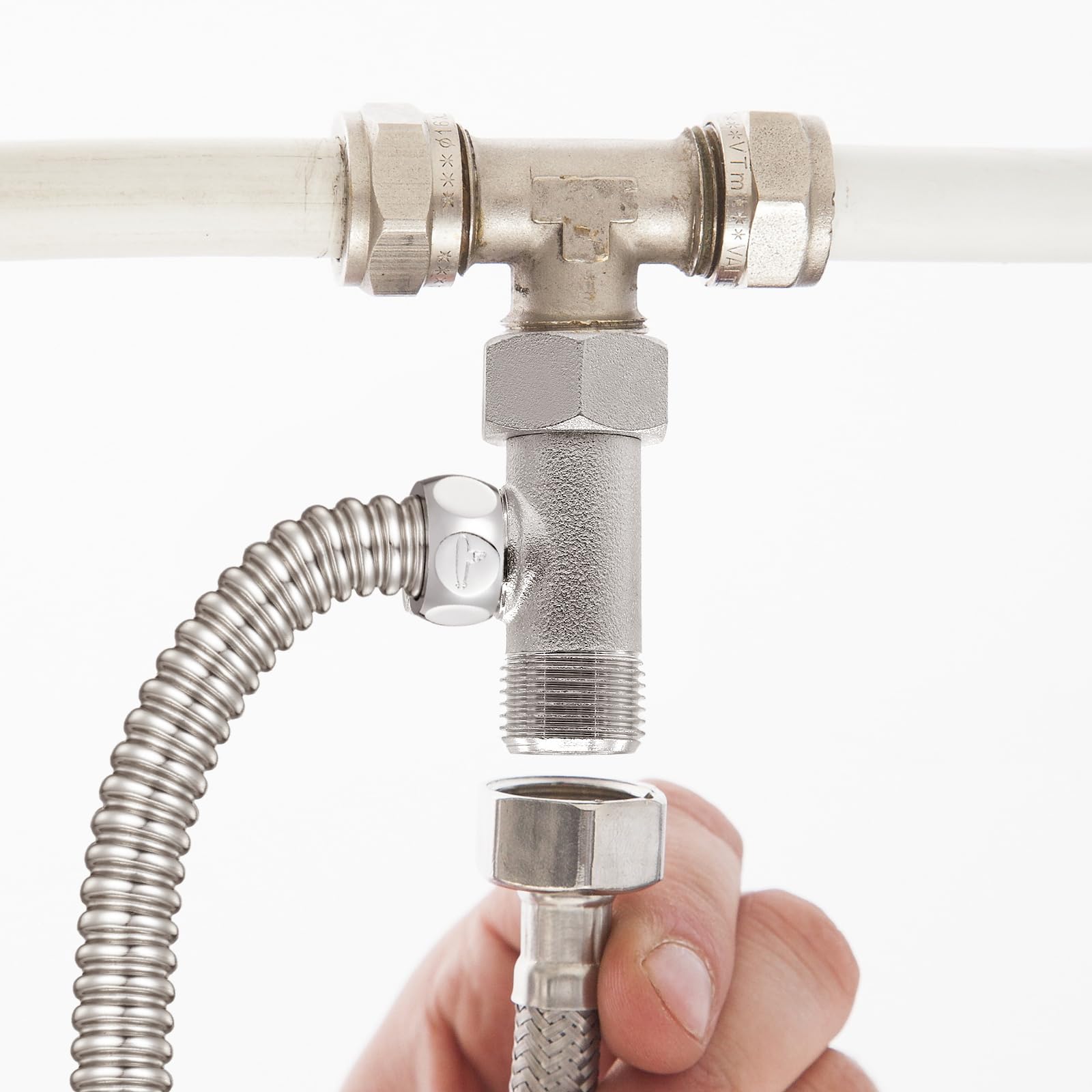 2 valvole angolari 3/8, 9/16 T, set di collegamento per WC, valvola di conversione a 3 vie, raccordo per acqua, raccordo a T, rotazione di 180°, nichelato, valvola di scarico per casa, bagno e