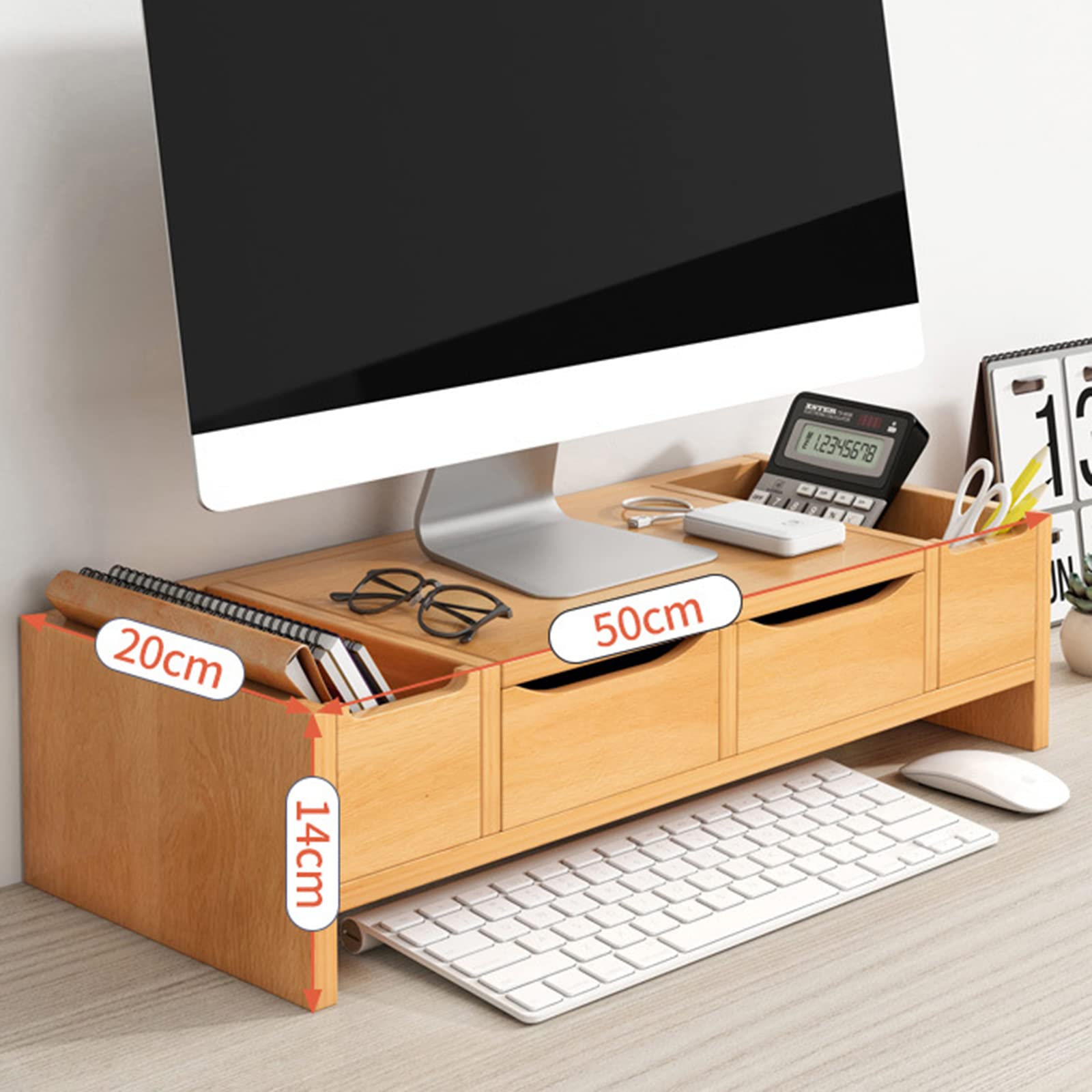 ZYFAB Legno Supporto per Monitor Salva Spazio Monitor Riser con cassetto 2 Ripiani Alza Monitor Supporto da Tavolo per Computer Schermo Piatto TV,Marrone,Cabinet Door