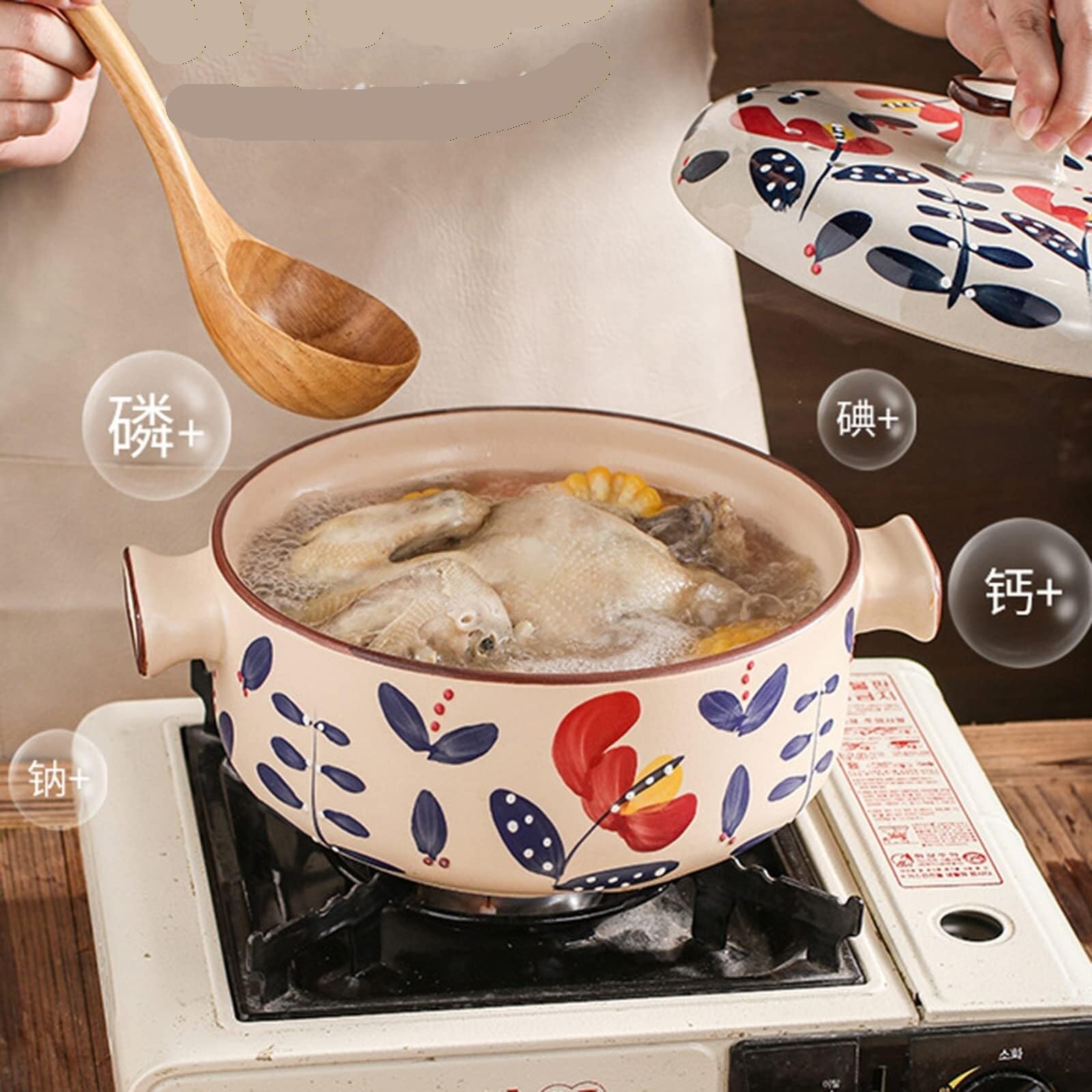Ceramiczny garnek do zapiekanek, japoński garnek z uchwytami, garnek do gulaszu parowego z koszem do gotowania na parze, wszechstronne naczynia kuchenne z gliny, idealny do rodzinnych posiłków