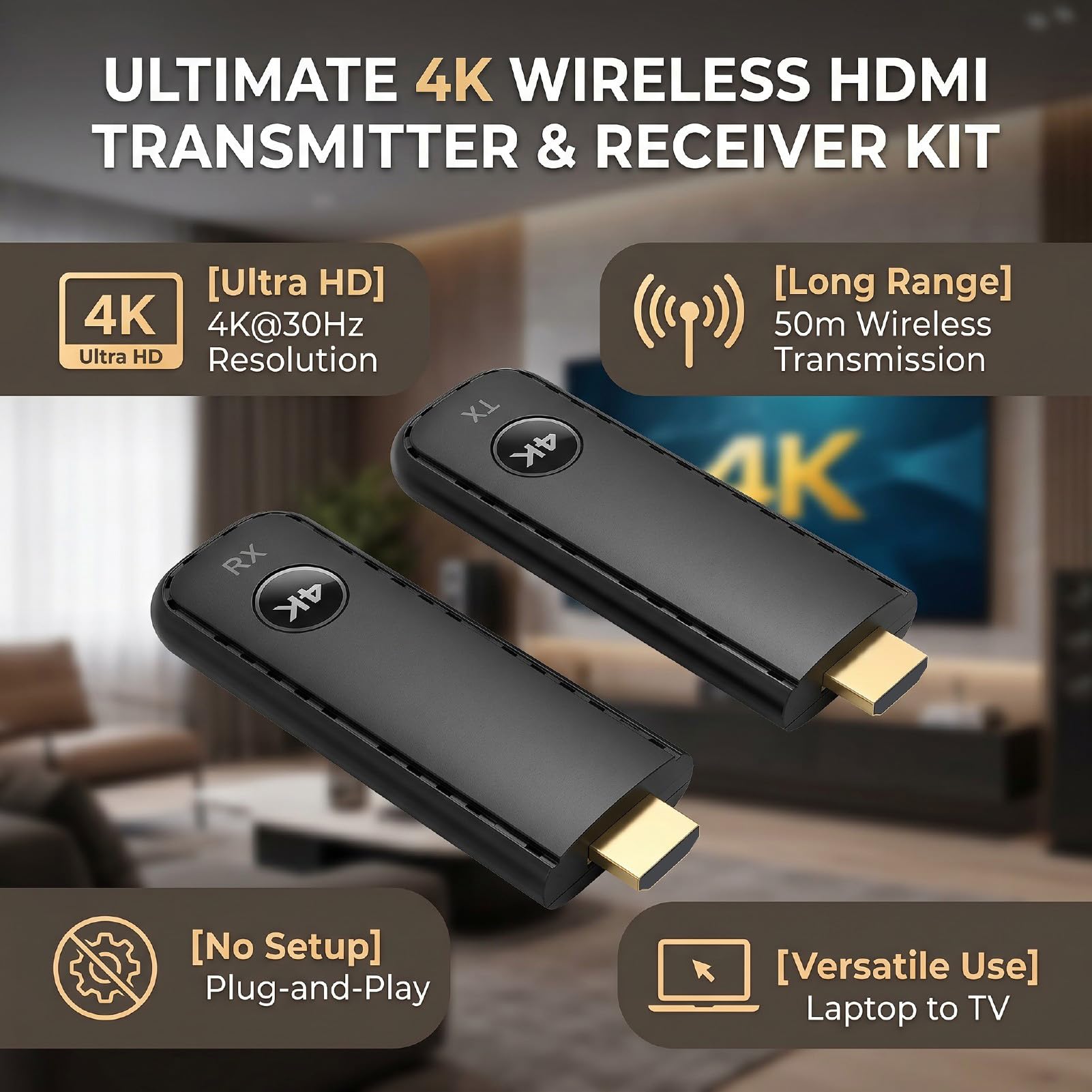 Bezprzewodowy Odbiornik Nadajnika Wideo, Interfejs Multimedialny | 50 M, protokół 5G, Plug & Play, Brak Wi-Fi i Aplikacji, Konfiguracja w Ciągu 10 S, Tryb Przedłużania i Kopiowania, Kompaktowy