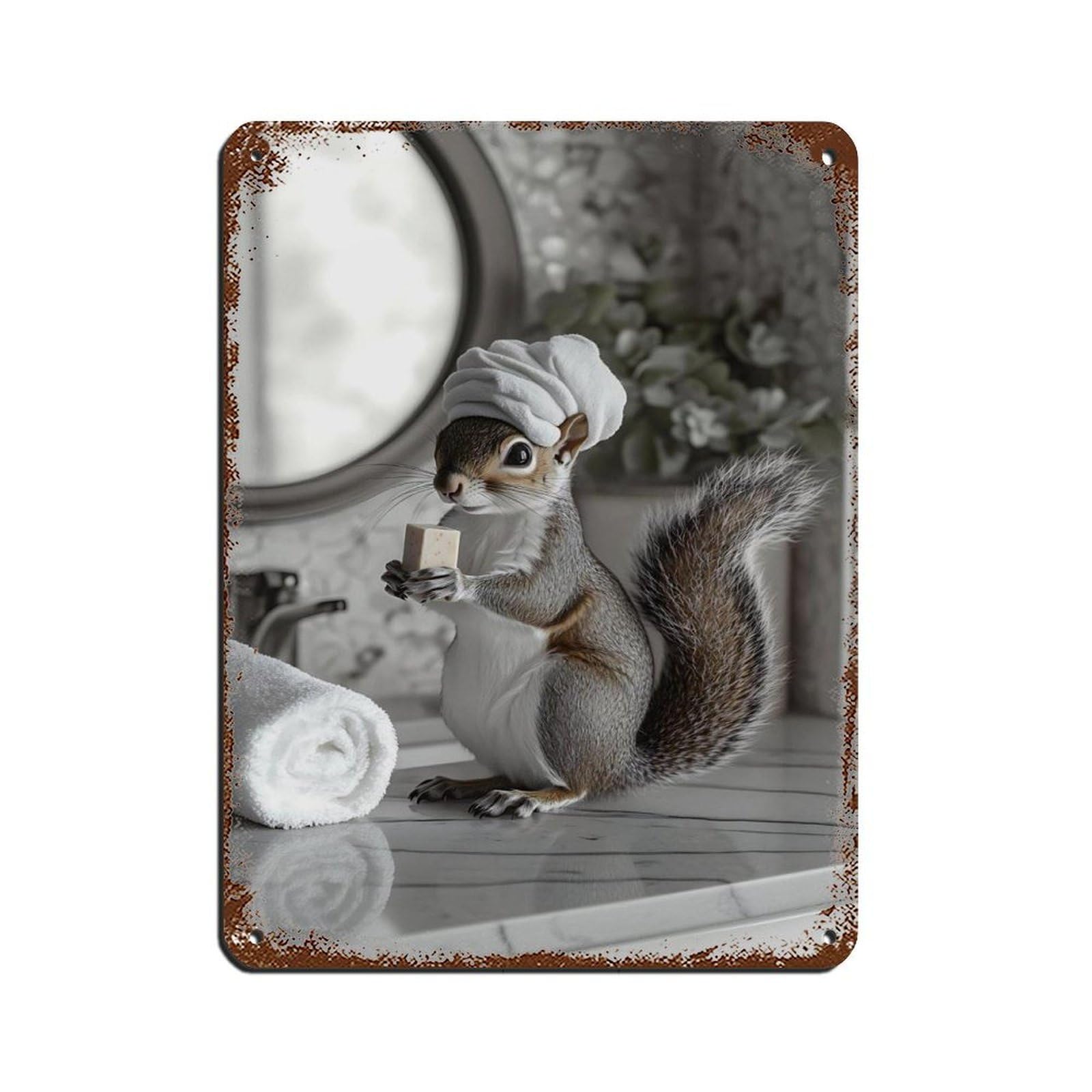 Lxwnze 30L X 40W Cm Squirrel Bathroom, Cute Animal Tin Sign Vintage Metal Pub Club Cafe Bar Home Wall Art Decoration Poster Retro 12X16inch(30X40cm)