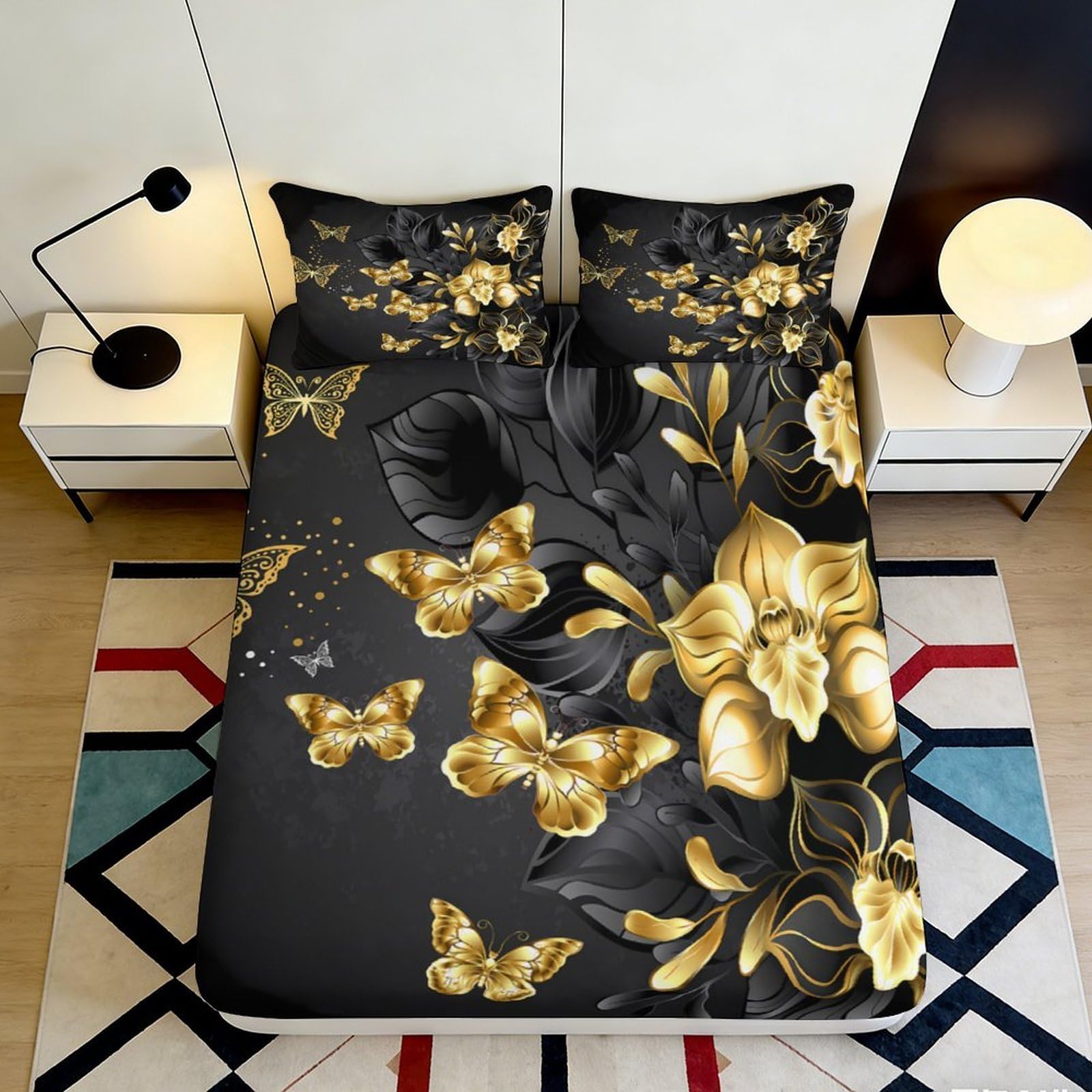 Jqzkxnhpbr Style-7 3D Printed Golden Butterfly Fitted Sheet Microfiber Floral Bed Sheet For Bedroom Guest Room Mattress Protection Decor 90X200x25cm