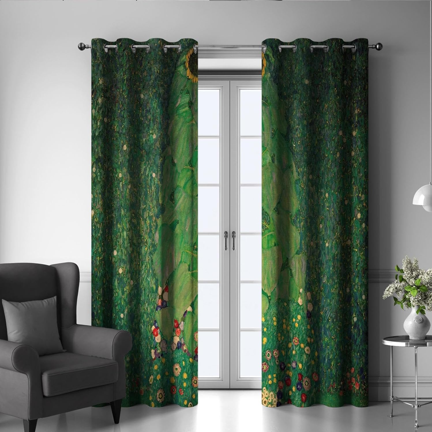 Garden Floral Window Drapes Green Blackout Curtains for Bedroom Living Room Darkening Draperies 2 Panels The Sunflower by Gustav Klimt 2X W38xL63in