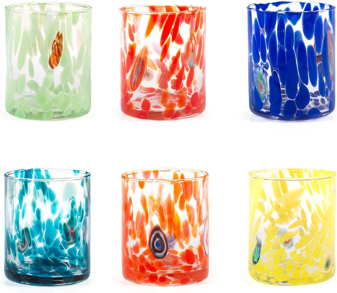 H&H Veneziano Set of 6 Glasses, 36cl, Assorted Colours, Hand Made in Italy