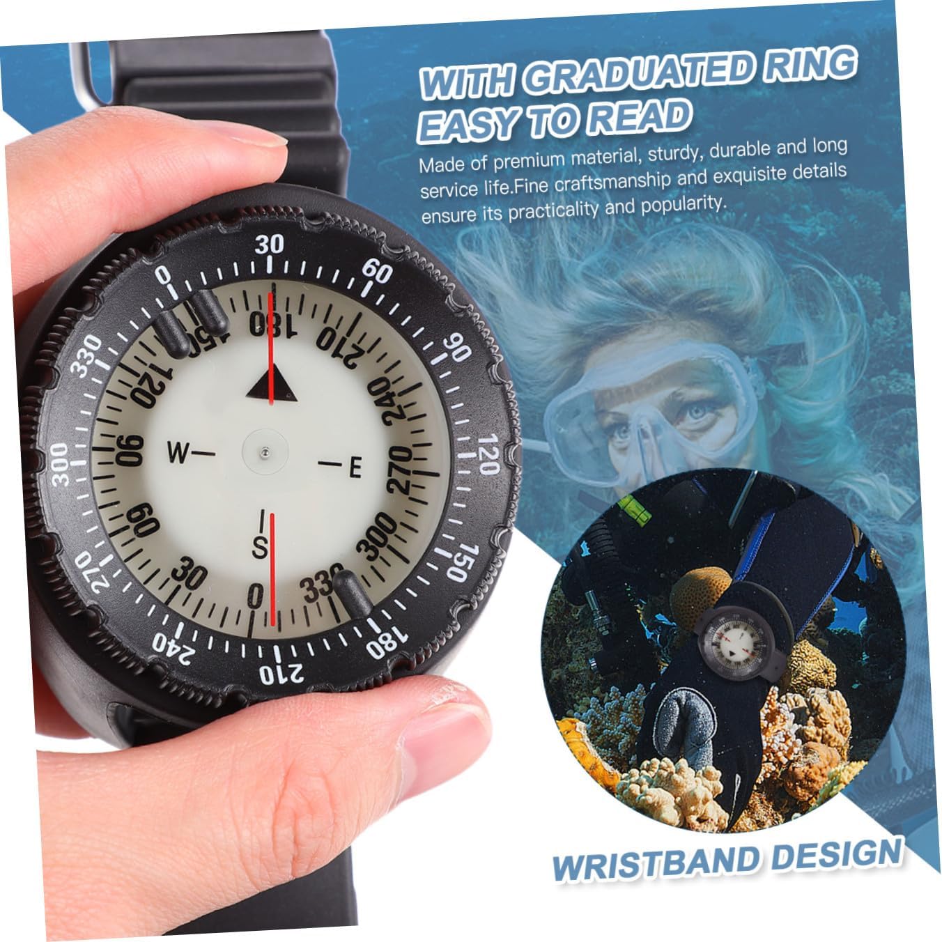 Underwater Luminous Watch Band Compass Black Waterproof Camping Outdoor Navigation Tool for Diving and Hiking