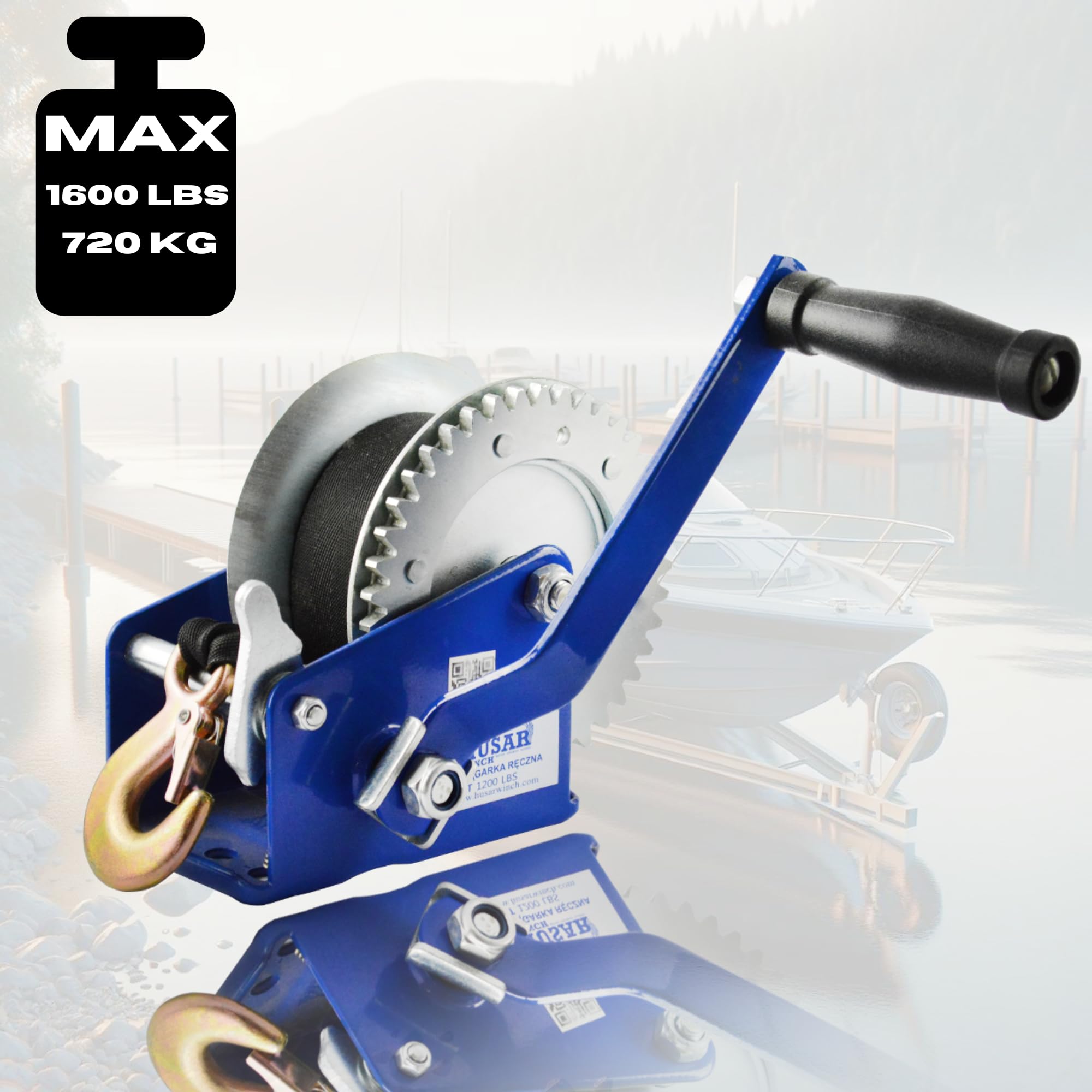 Handseilwinde 1600 lbs 720 kg mit Gürtel 10 Meter 5 cm, Zwangsbremse, doppeltwirkend, verstärkte Stahlzahnräder, Winde für Boote, Anhänger, Industrie