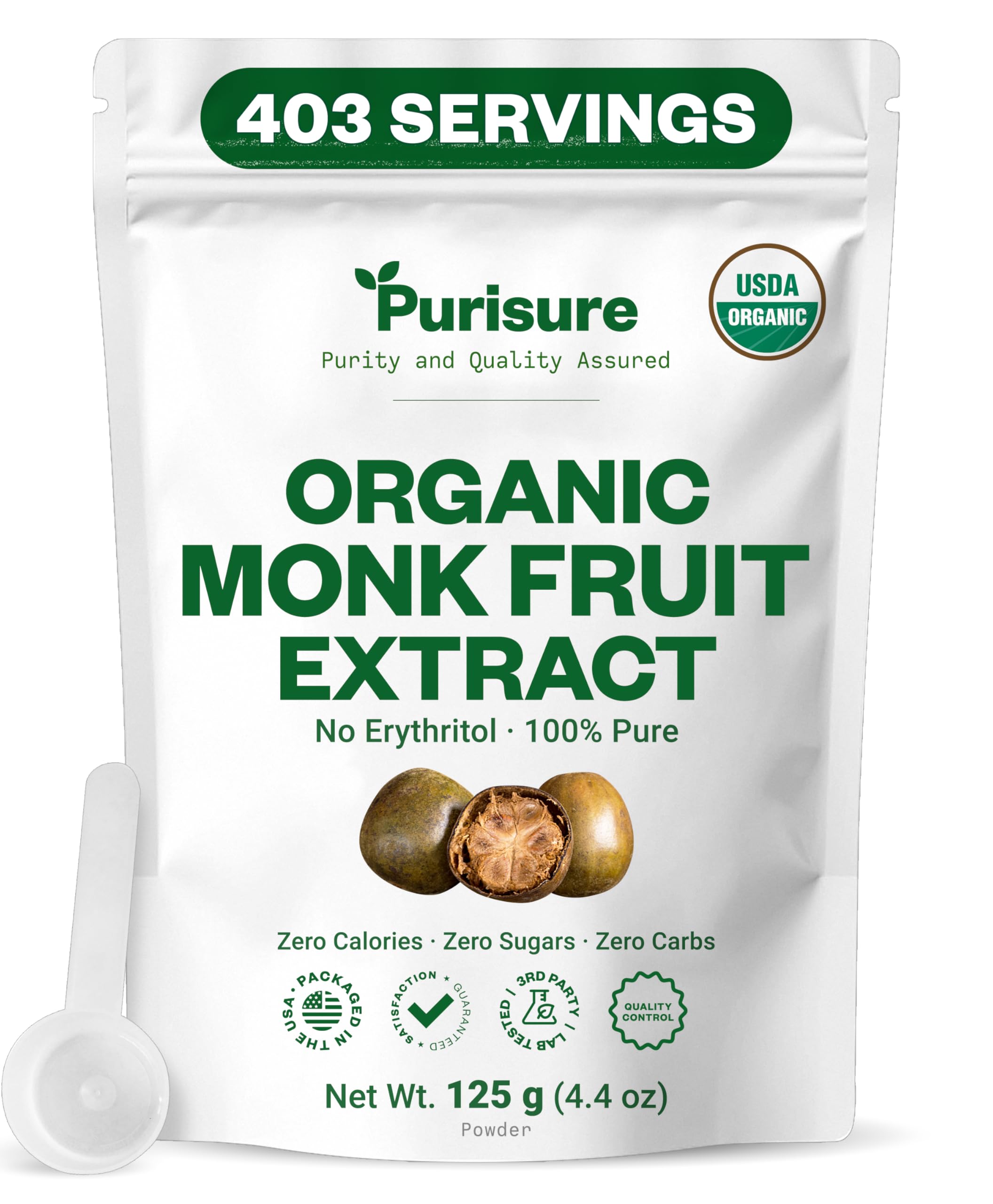 Organic Monk Fruit Sweetener, 125g (4.41oz), No Fillers Pure USDA Organic Monk Fruit Extract Powder with No Aftertaste, Zero Calorie & Zero Carbs, Keto & Paleo Friendly 320-403 Servings