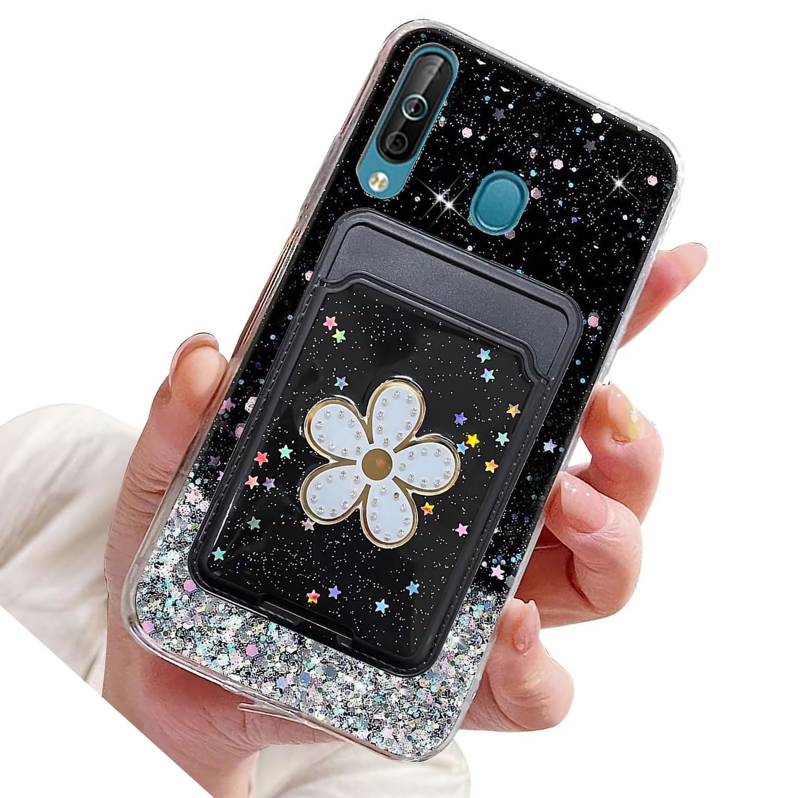 Uposao Cover Portafoglio Con Strass E Cuore Per Huawei P30 Lite | Custodia In Pelle PU Con Tasca Magnetica E Porta Carte | Colore: Oro
