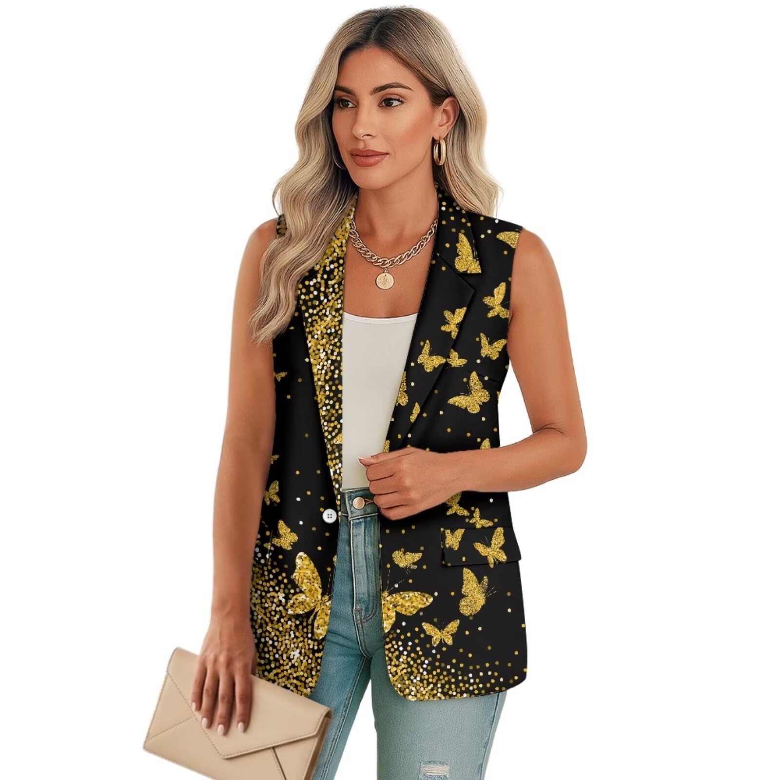 Blazer Vest with Pockets V Neck Sleeveless Vest Tops for Women for Workout Holiday Party
