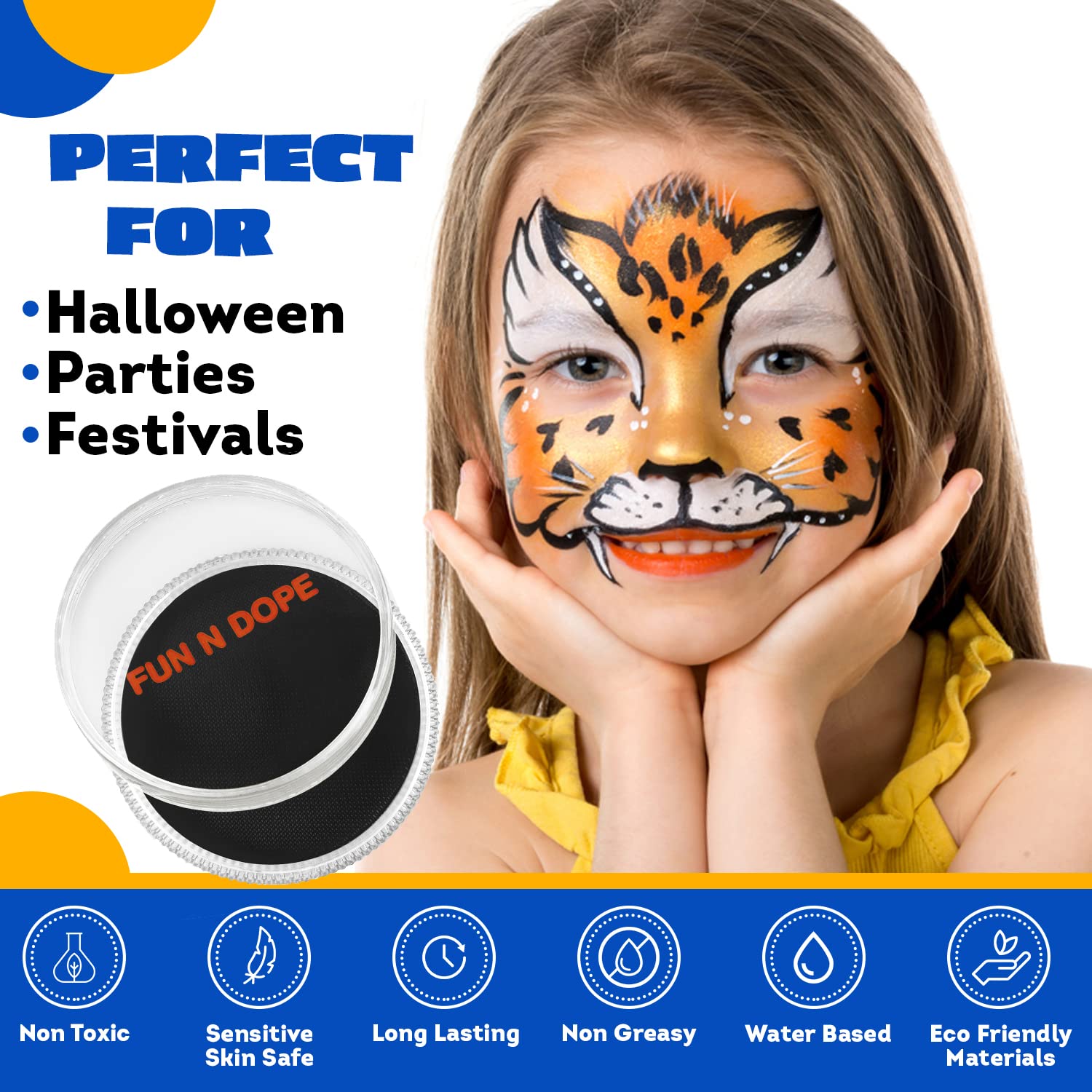 Fun N' Dope - Face Paint for Kids & Adults (Black Matte) - Professional Grade Water Based Non Toxic Body Paint - Face Painting for Halloween Makeup, Parties & Festivals - Sensitive Skin Safe