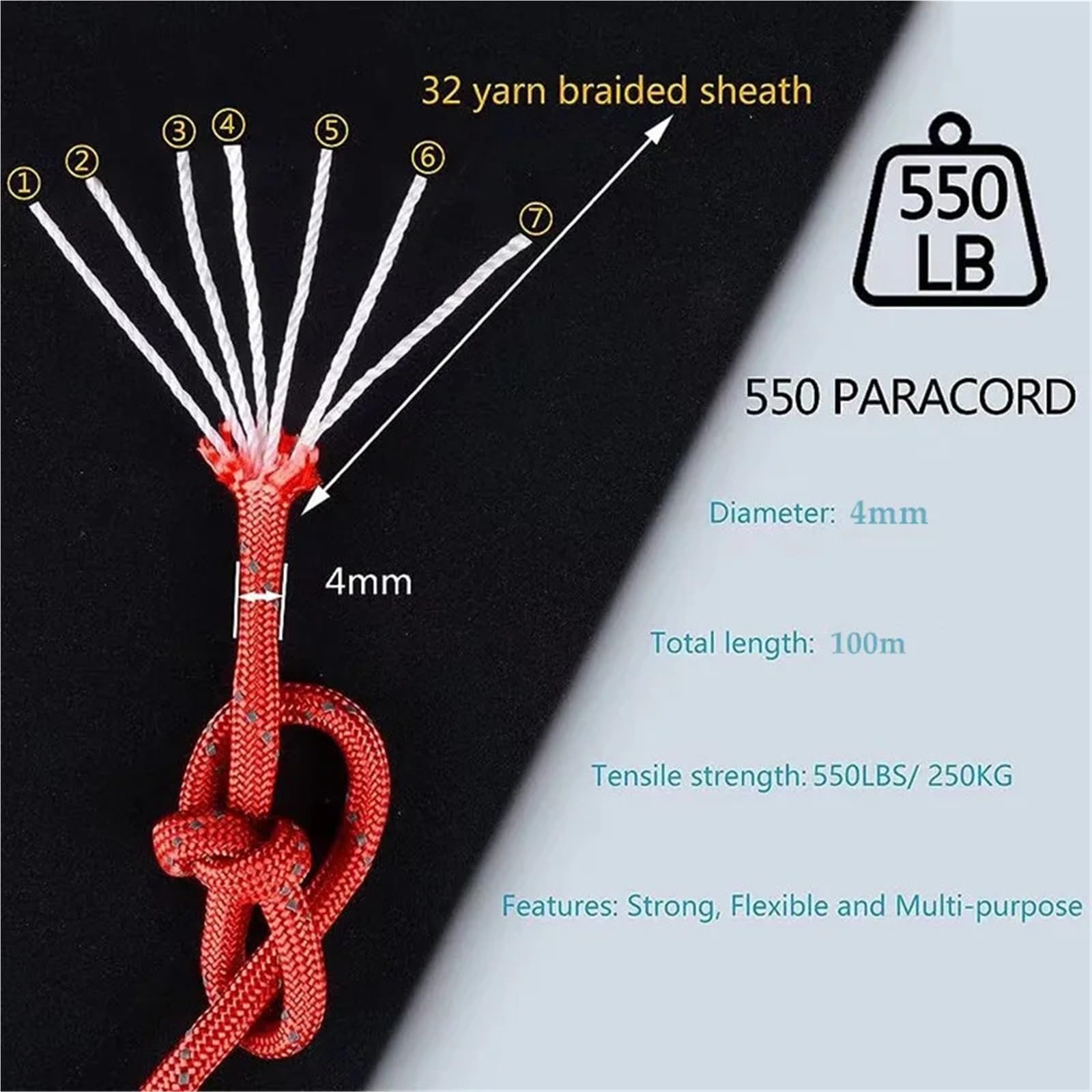 Paracorde Paracord Reflectante Rop 7 hebras 4mm 550 Cuerda de paracaídas Tienda campaña cordón Pulsera DIY Tejida(Fang Gray,100M)