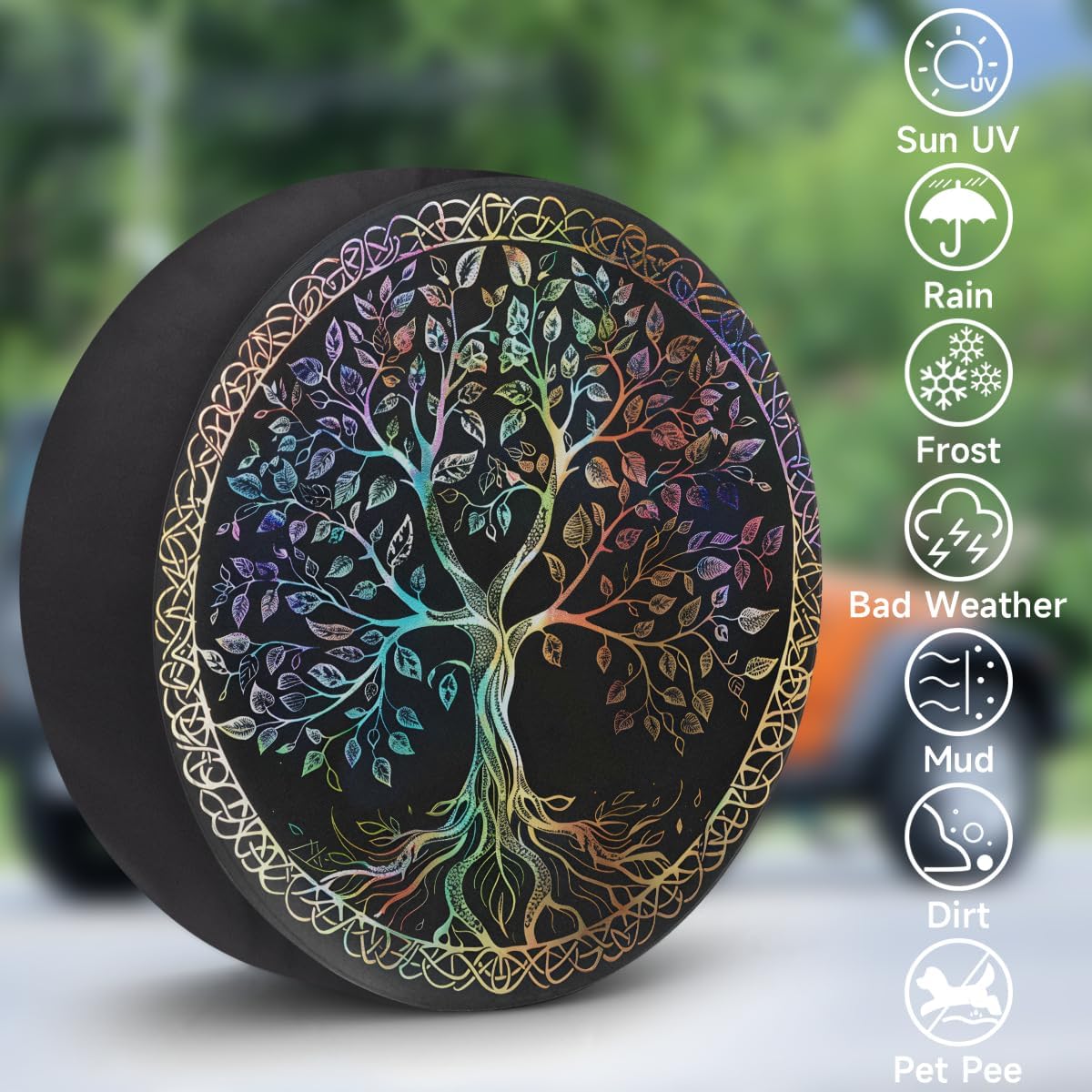 Tree of Life Rainbow Leaves Spare Tire Cover Waterproof Dust-Proof Spare Wheel Covers Wheel Tire Storage Cover Universal Fit for Camper RV SUV Truck Travel Accessories 17"