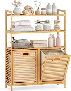 Giantex Double Tilt Out Laundry Hamper with 3-Tier Storage Shelf | 14 Gal Bamboo Laundry Storage Cabinet w/Removable Laundry Baskets, Laundry Sorter Organizer for Bathroom Living Room Bedroom