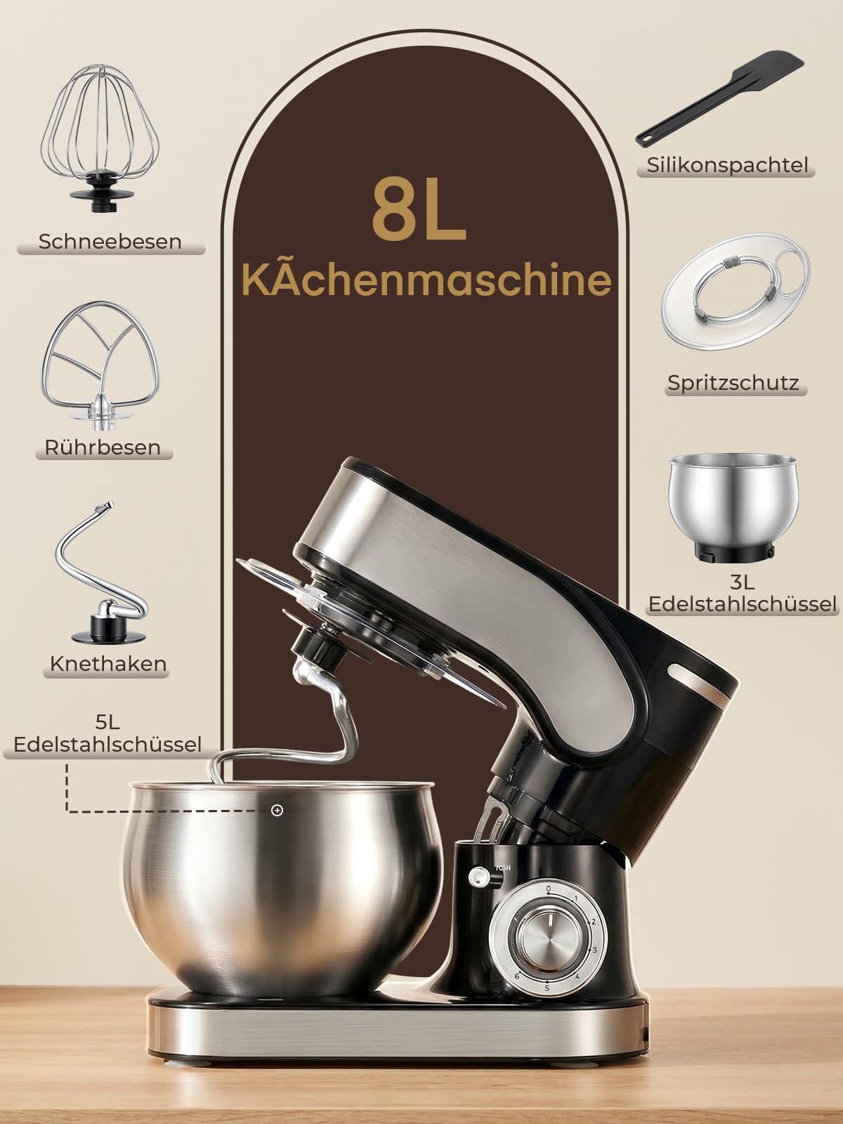 Küchenmaschine mit 5L + 3L Edelstahlschüsseln Dual-Schalen, Knetmaschine Mit Aufgewerteter Knethaken, 1300W Leistungsstarke Teigmaschine, 6+P Geschwindigkeiten, Knethaken, Rührbesen und Schneebesen