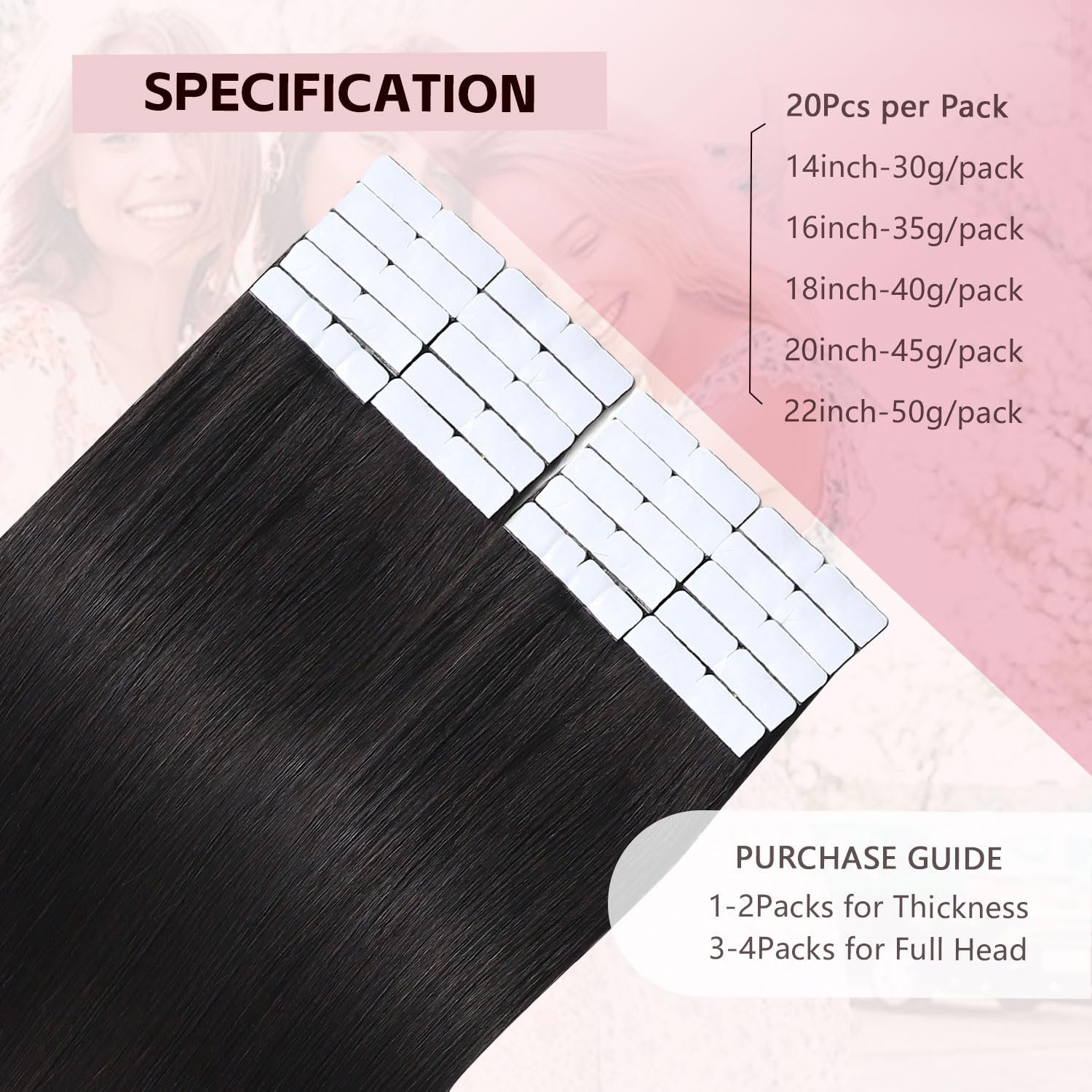 3rd-Generation Invisible Tape in Hair Extensions Human Hair #1B Natural Black Color 20pcs 45g 20inch Seamless Injection Hand-Tied Invisi Edge Tape ins Extensions（#1B-20inch）