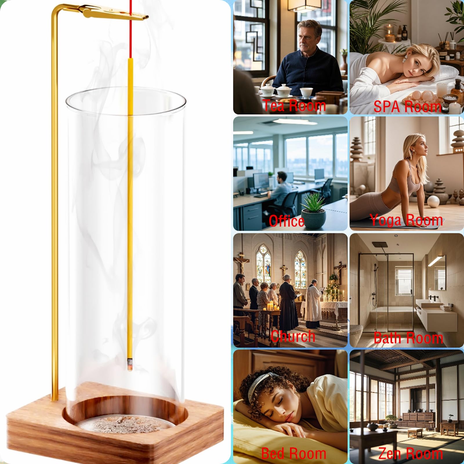 Incense Holder, Wooden Incense Holder for Sticks with Detachable Glass Ash Catcher, Anti-Ash Flying No Mess Incense Burner for Yoga Spa Meditation Zen Room Home Decor (Oak 1 Pcs)
