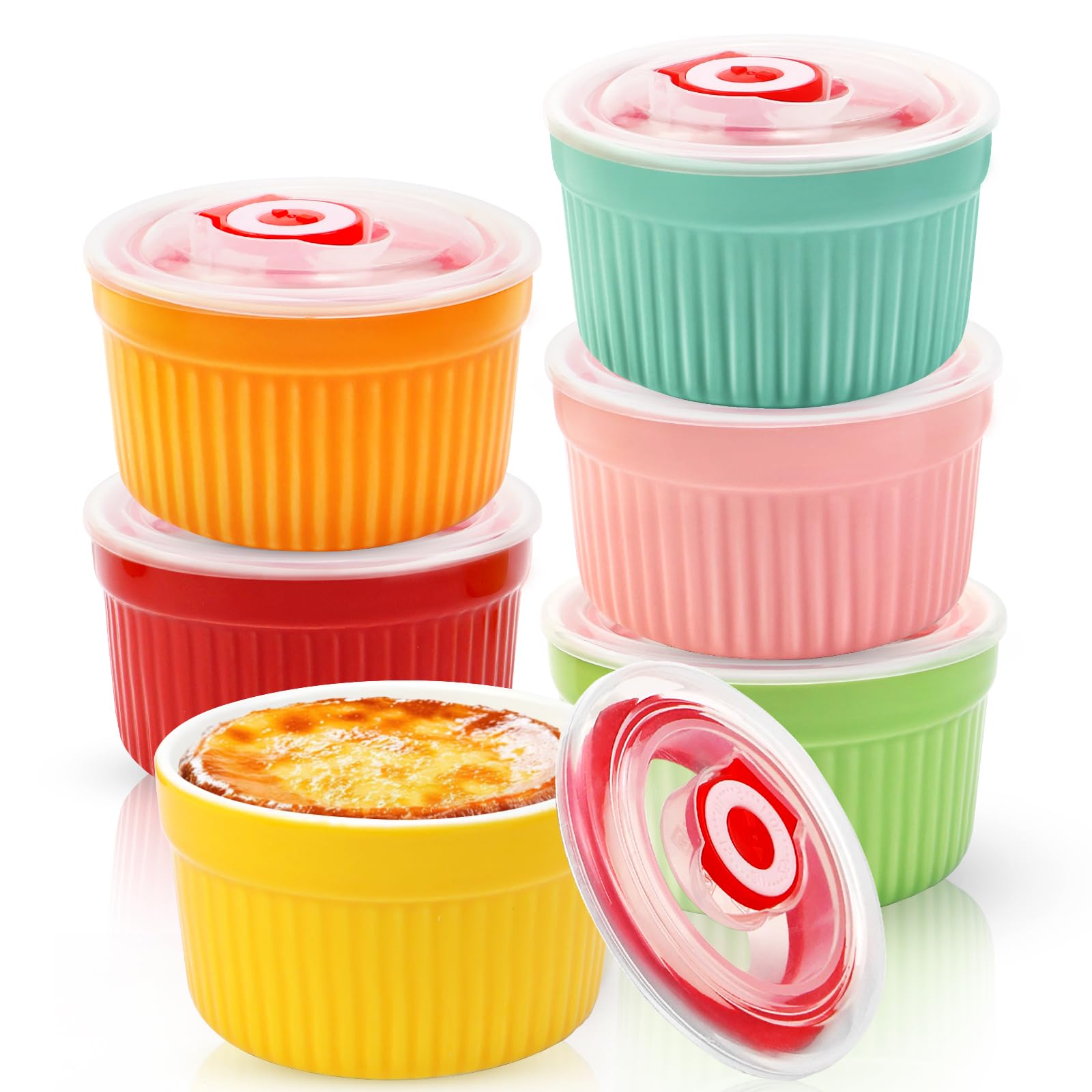 Cuencos de cerámica para crema brulee, 6 piezas, Ø9cm 220ml, moldes para soufflé con tapa, aptos para horno, cuencos para postres, mini molde para horno de color, para hornear en la cocina