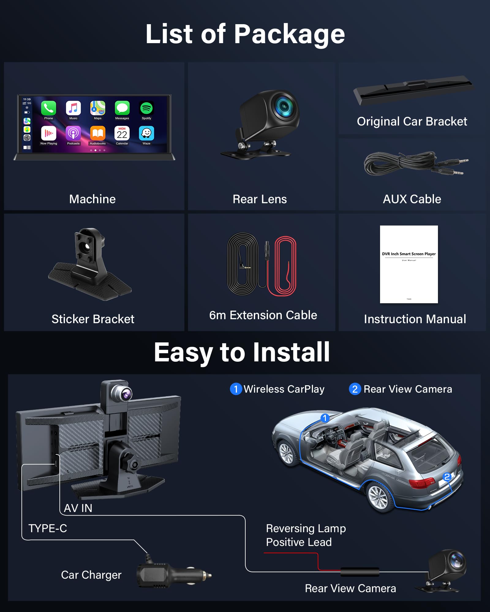 11,3'' Pantalla Carplay Android Auto con 4K Dashcam OEM Soporte de Pie | 350° Giratorio Cámara Frontal 4K + Cámara Trasera 1080P, BT Audio, Dispositivos de Navegación, Grabación en Bucle, General